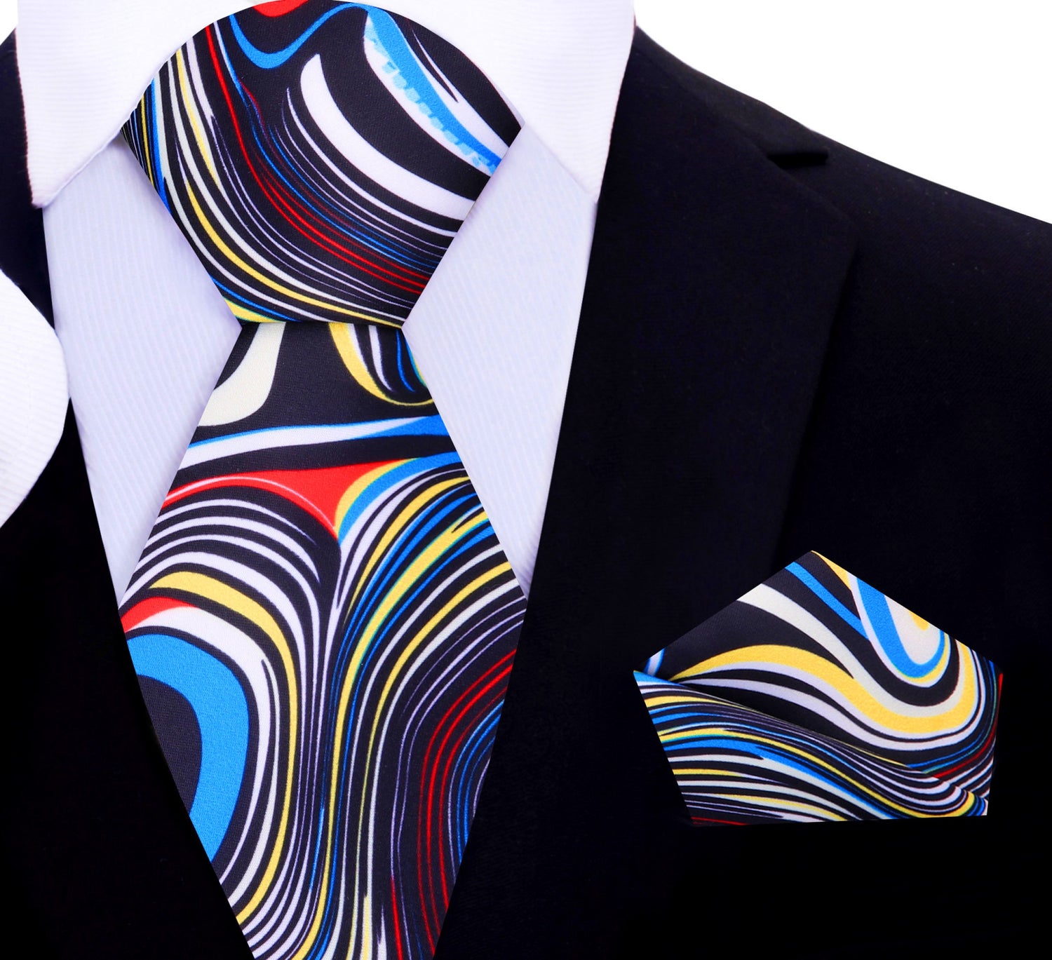 Blue, Red, Yellow and White Abstract Tie and Matching Square