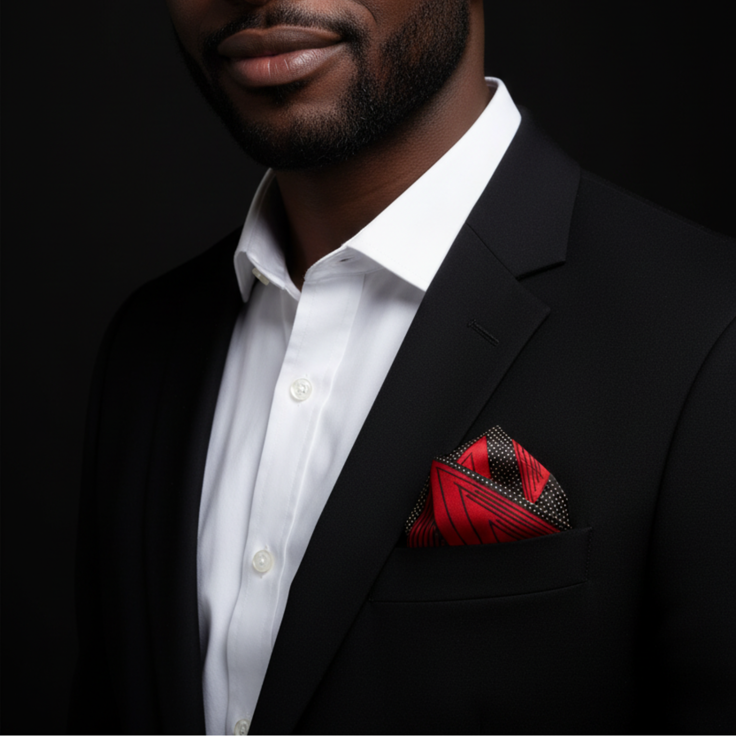 Red Black Gold Pocket Square with Abstract Check Pattern