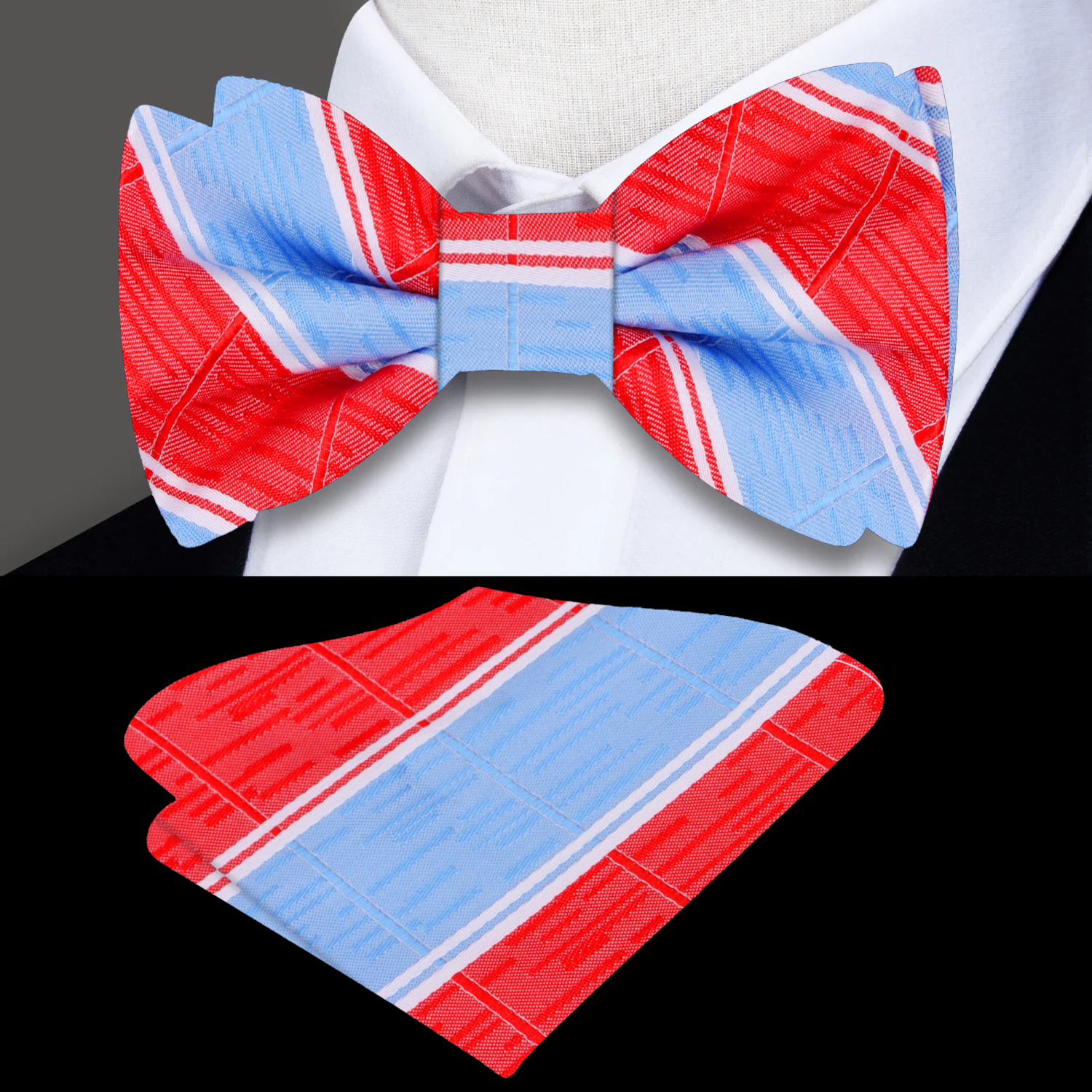 Red, Blue Stripe Bow Tie and Pocket Square||Red, Blue