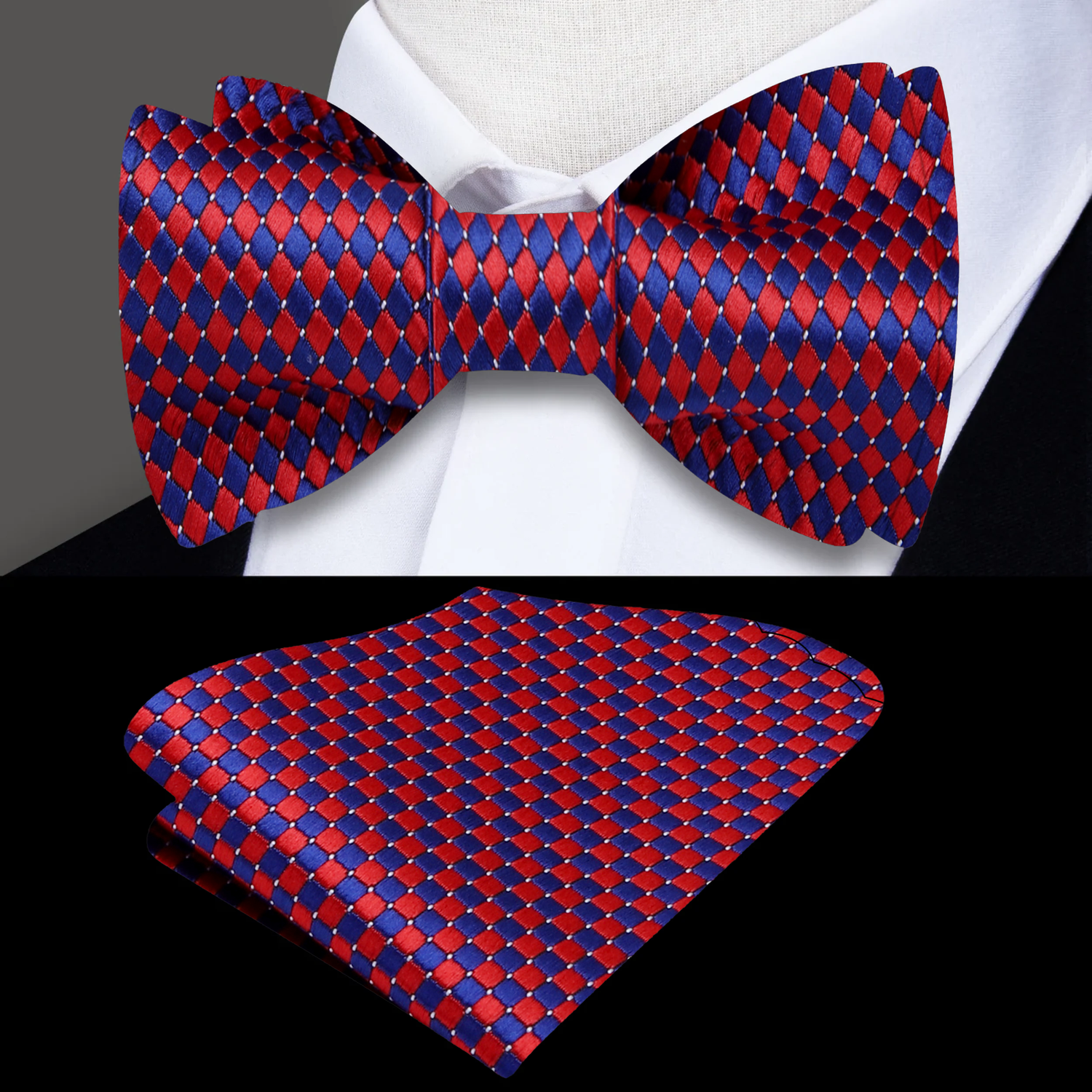 Red, Blue Diamonds Bow Tie and Pocket Square