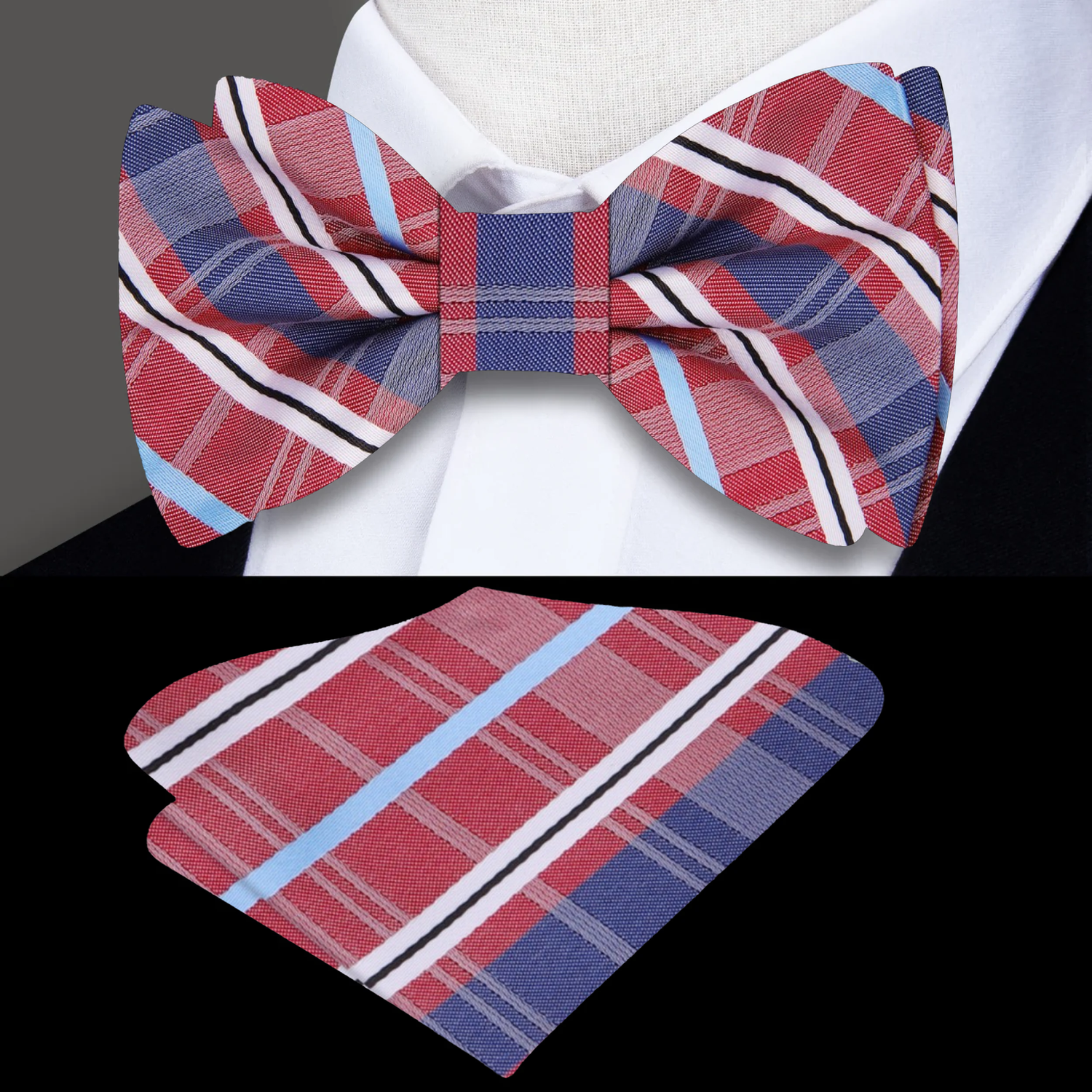 Red, Blue Plaid Bow Tie And Pocket Square