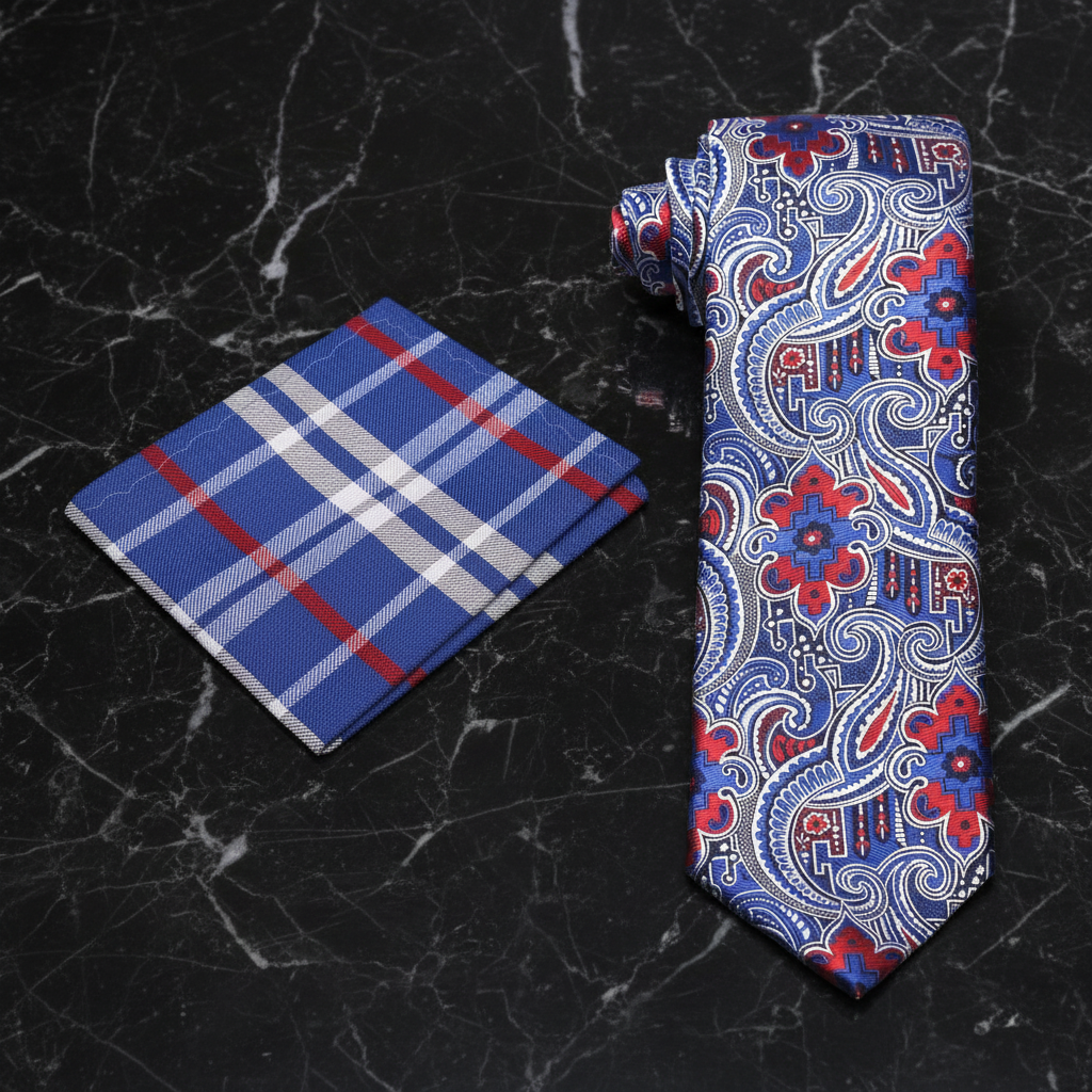 Blue and red patterned tie and pocket square set on a white background