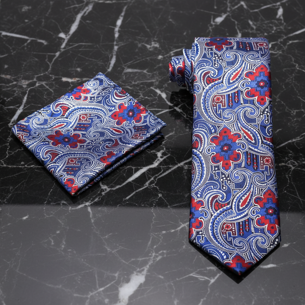 Blue and red paisley tie and pocket square set on a white background
