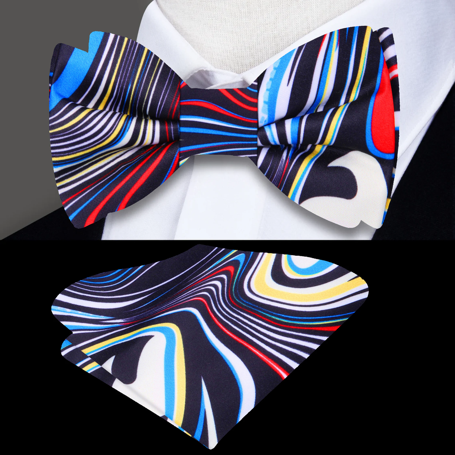 Main View: Red, White, Blue, Black Abstract Bow Tie and Pocket Square||Red, White, Blue, Yellow