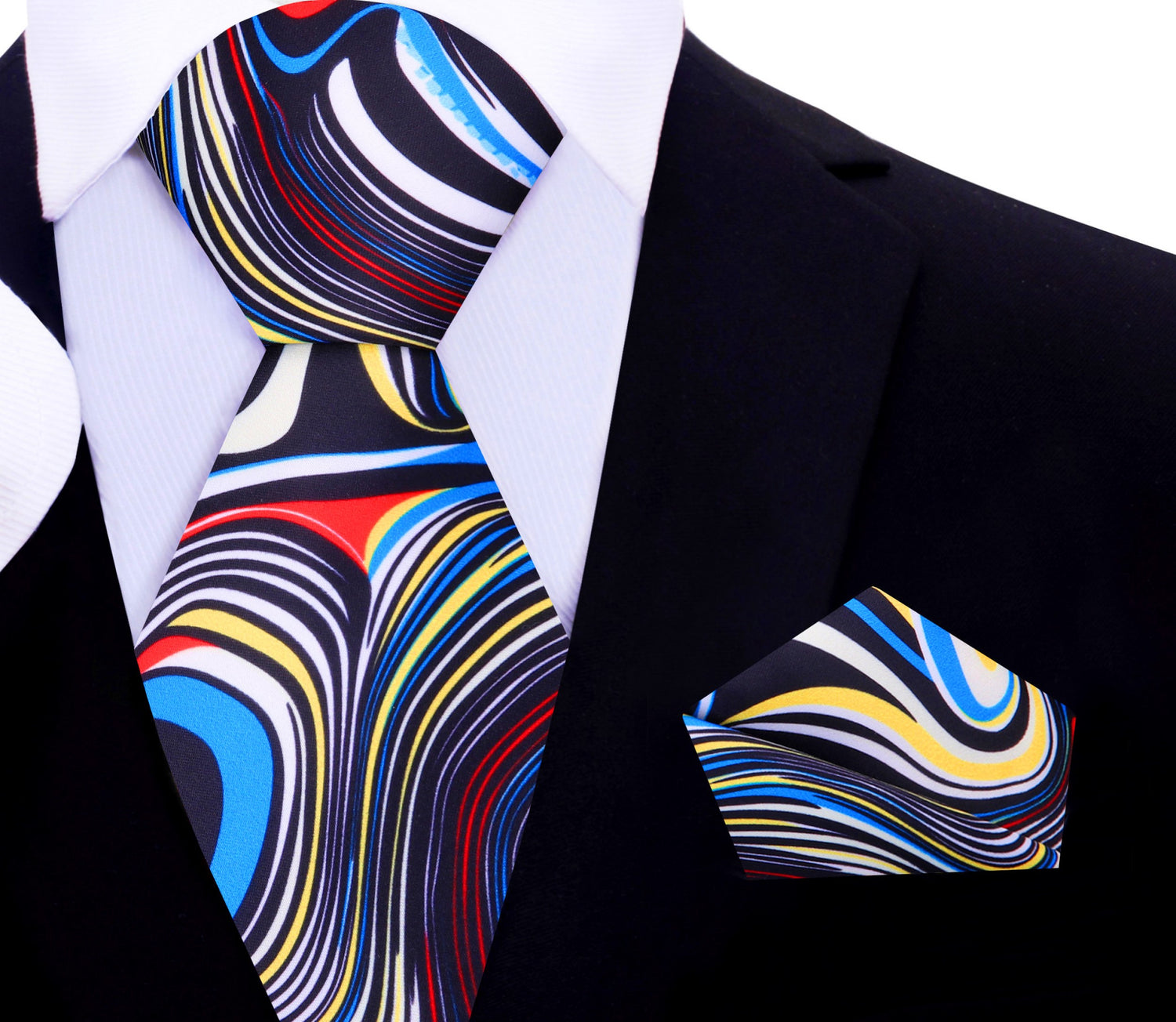 A Red, Blue, Yellow Abstract Swirl Pattern Silk Necktie, Matching Pocket Square||Red, Blue, White, Yellow