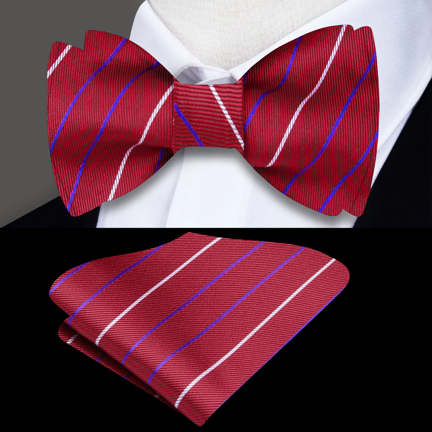 A Red, White Blue Stripes Pattern Silk Self Tie Bow Tie, Matching Pocket Square