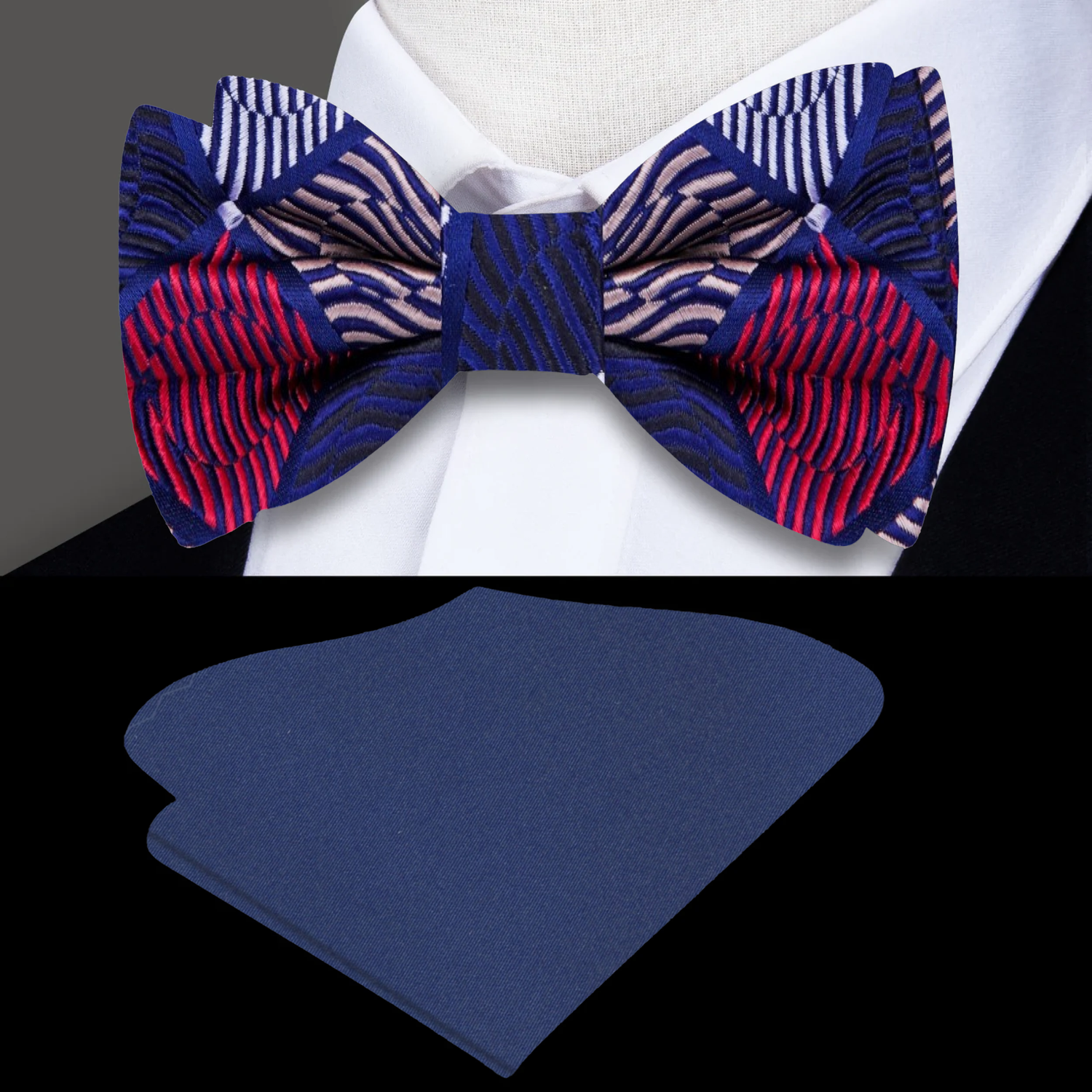 A Red, Blue Geometric Diamond with Dot Pattern Silk Self Tie Bow Tie and Blue Square