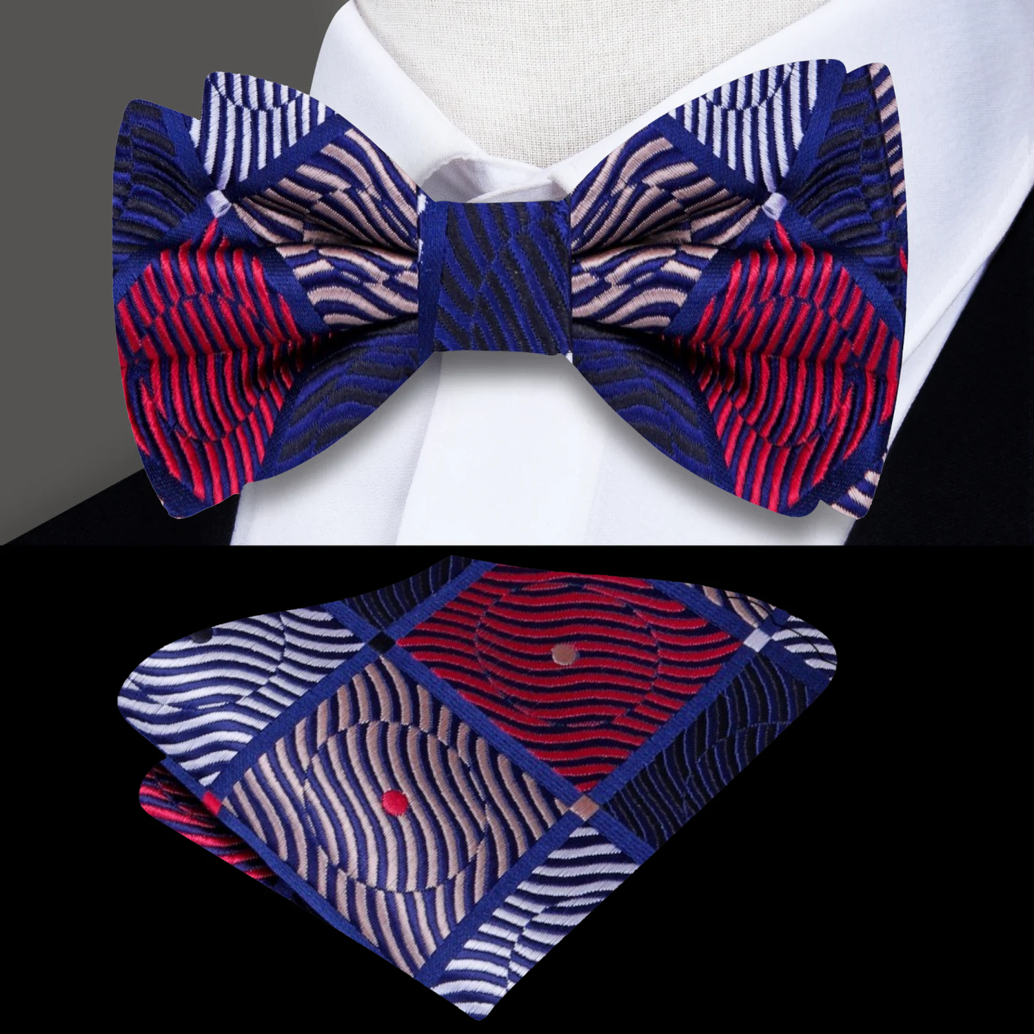 A Red, Blue Geometric Diamond with Dot Pattern Silk Self Tie Bow Tie, Matching Pocket Square