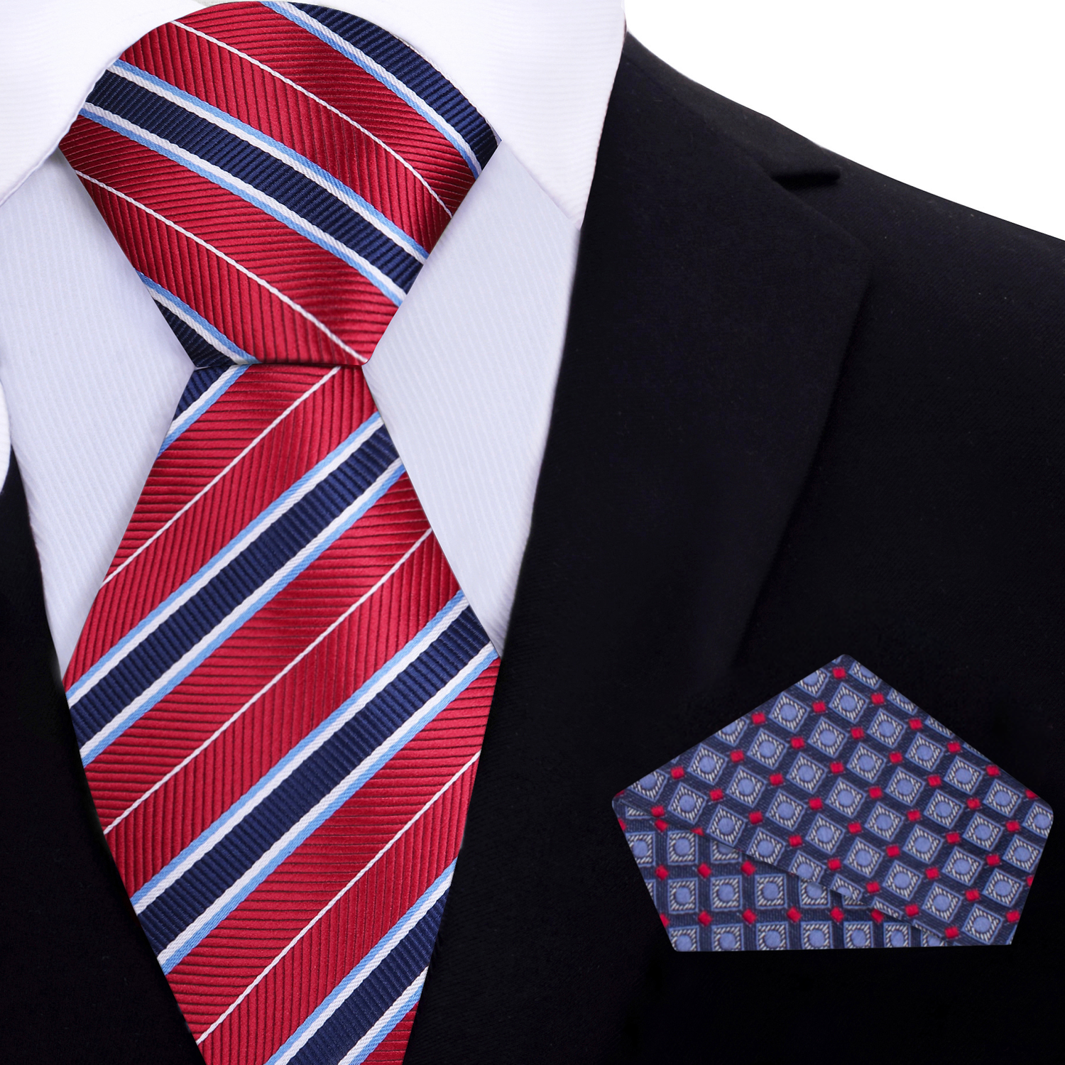 Red, Blue Stripe Necktie with Blue, Red Geometric Pocket Square