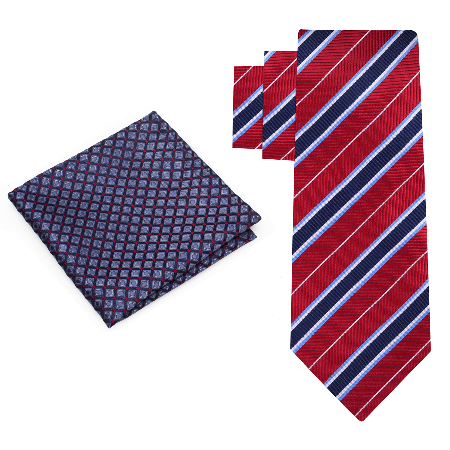 Alt View: Red, Blue Stripe Necktie with Blue, Red Geometric Pocket Square