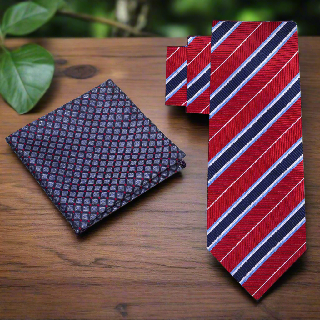 Alt View: Red, Blue Stripe Necktie with Blue, Red Geometric Pocket Square