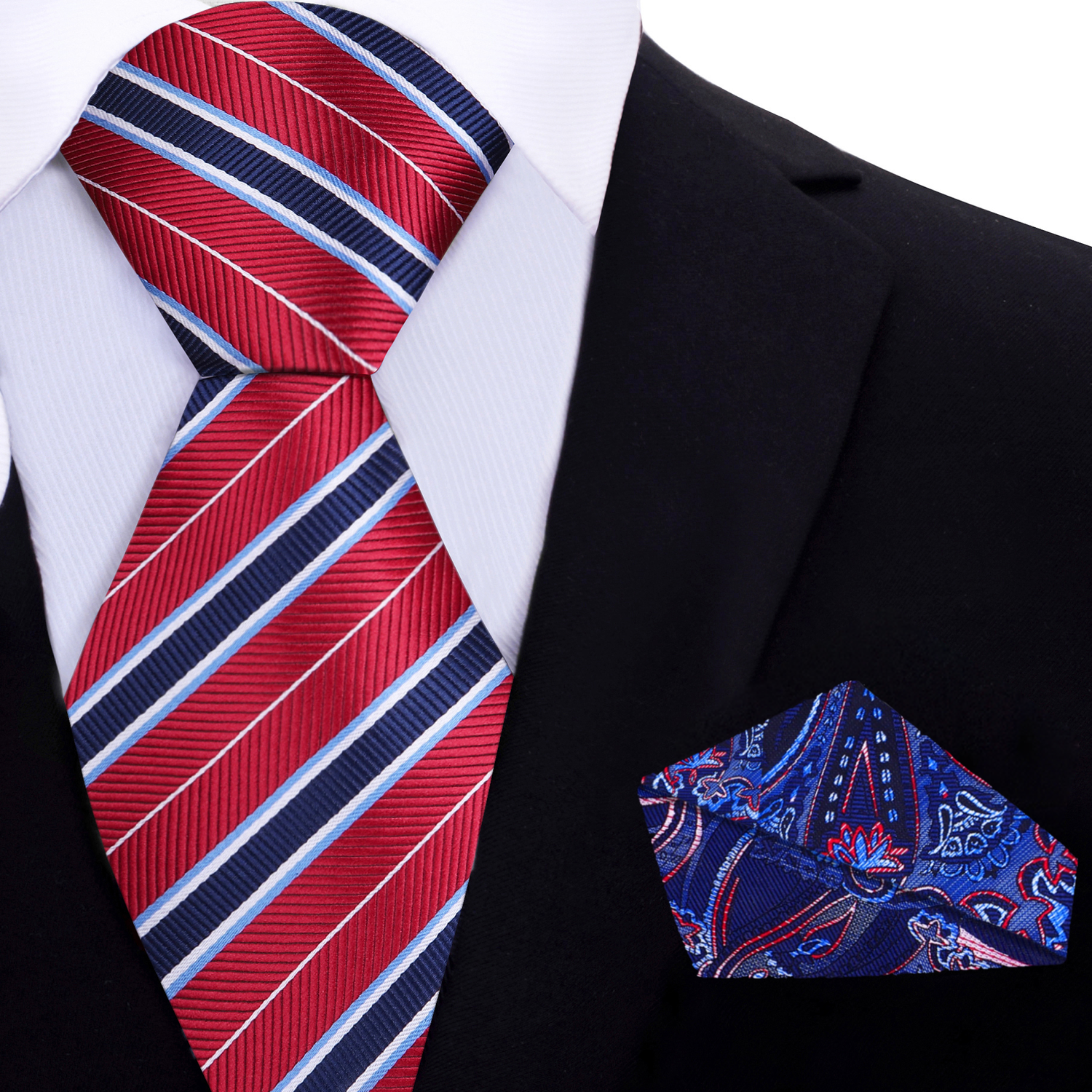 Red, Blue Stripe Necktie with Blue, Red Paisley Pocket Square
