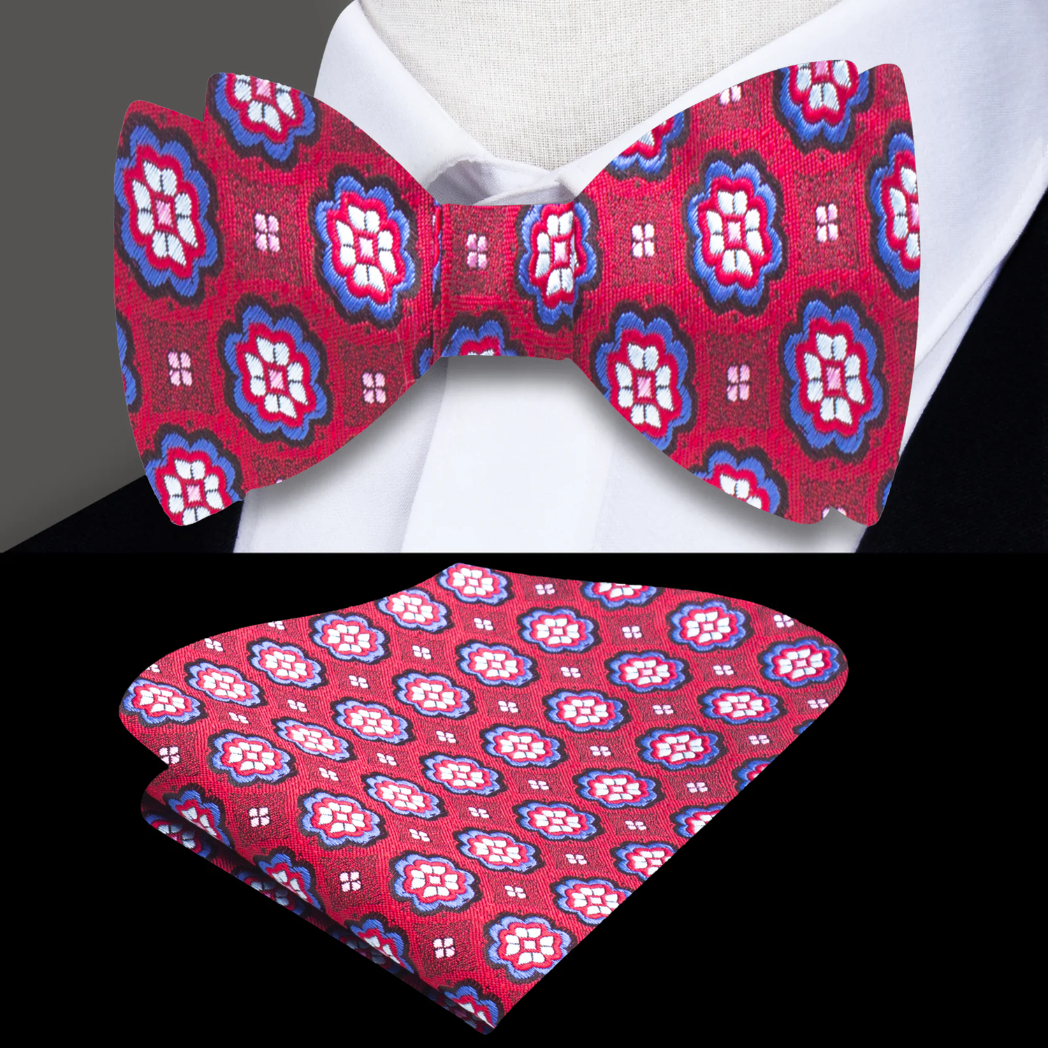 Cranberry, Blue Geometric Flowers Bow Tie and Pocket Square