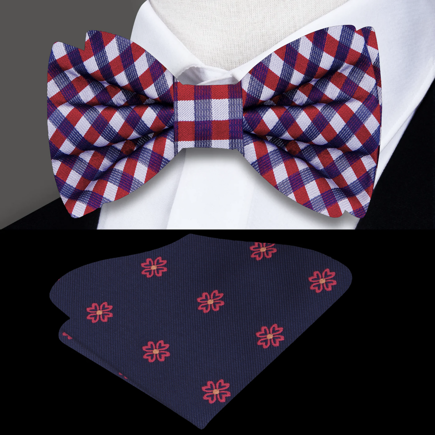 Blue, Red Check Bow Tie and Accenting Square