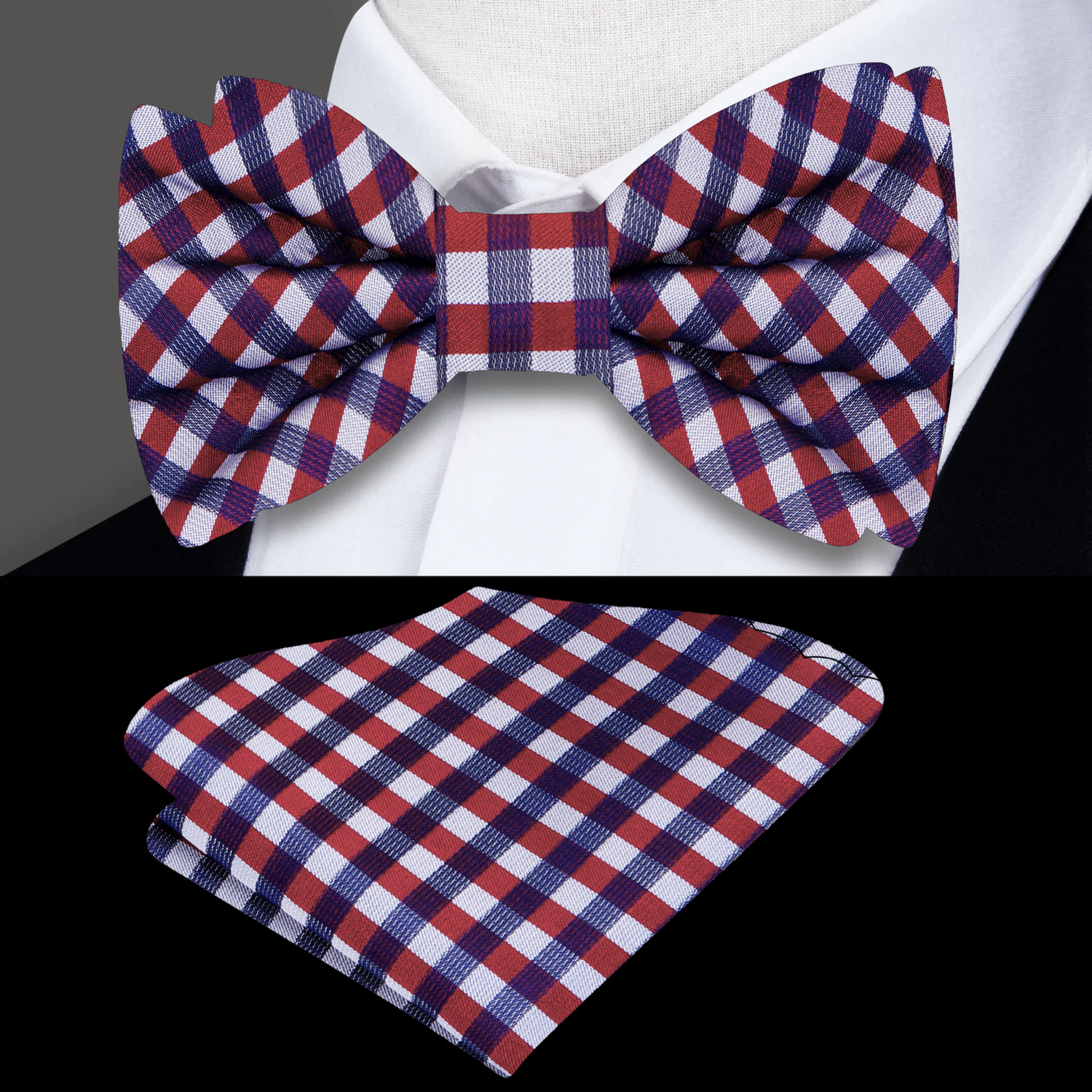 Blue, Red Check Bow Tie and Square