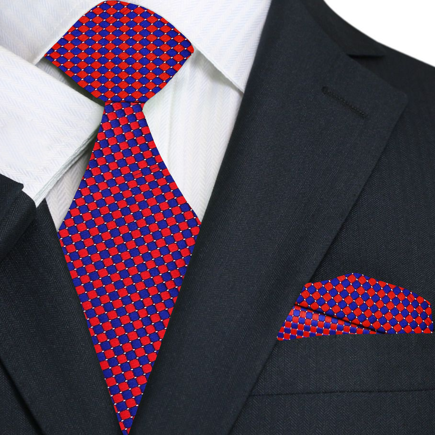 Premium A Red, Blue Check Pattern Silk Necktie, Matching Pocket Square