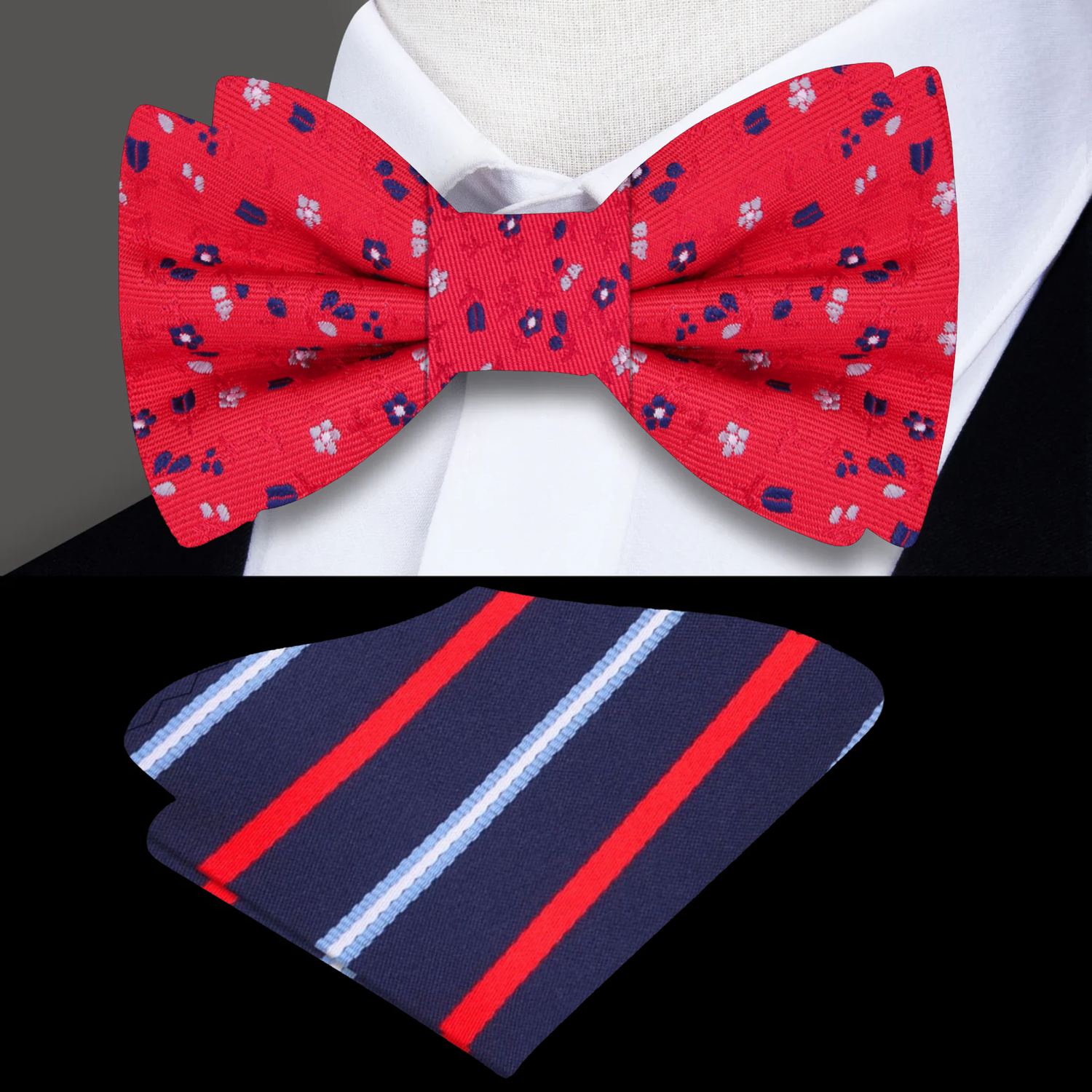 Red Floral Bow Tie and Blue Stripe Pocket Square