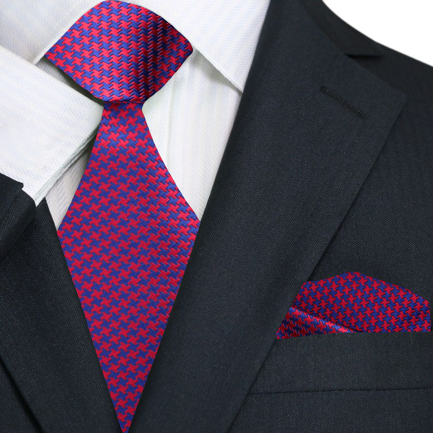 Red and blue patterned tie and pocket square on a suit