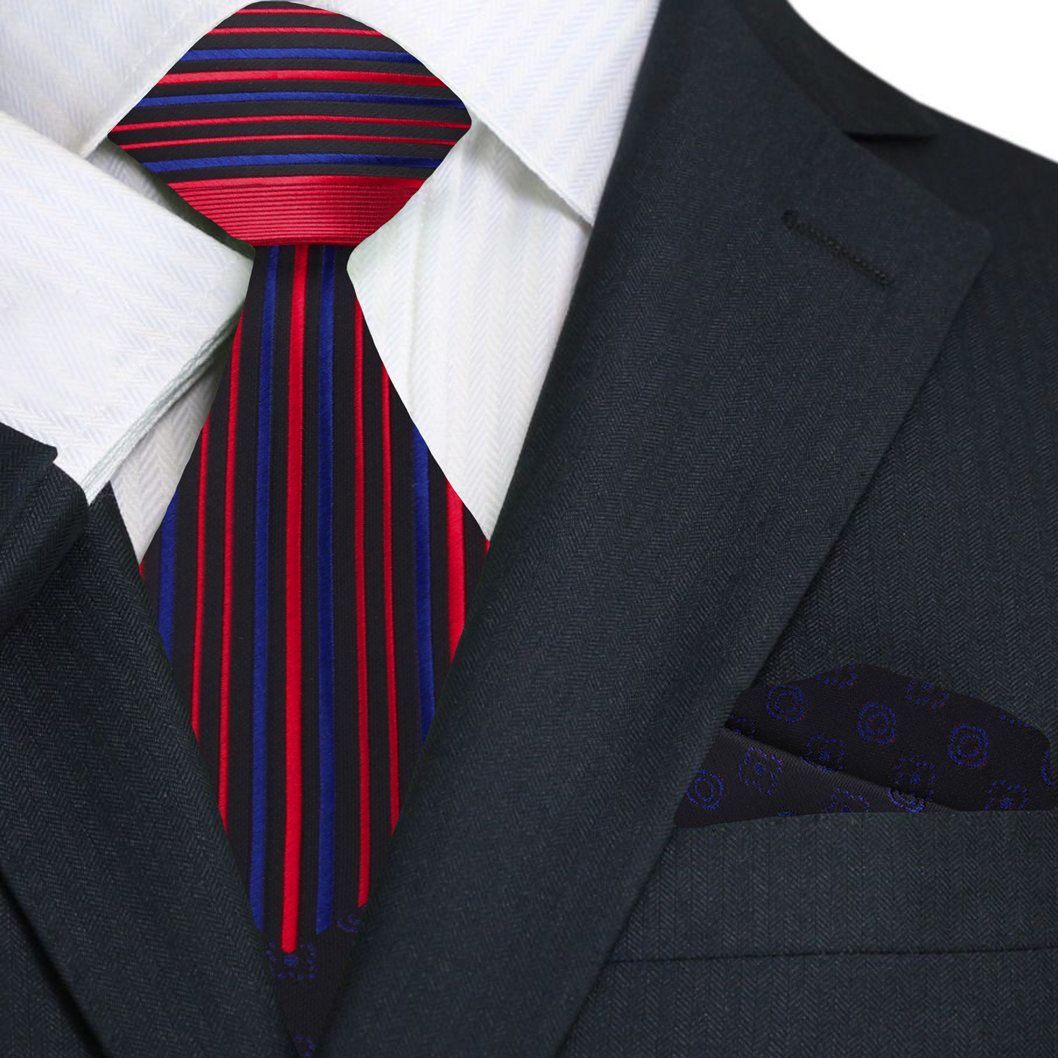 ||Red, Blue Lined Necktie and Accenting Square