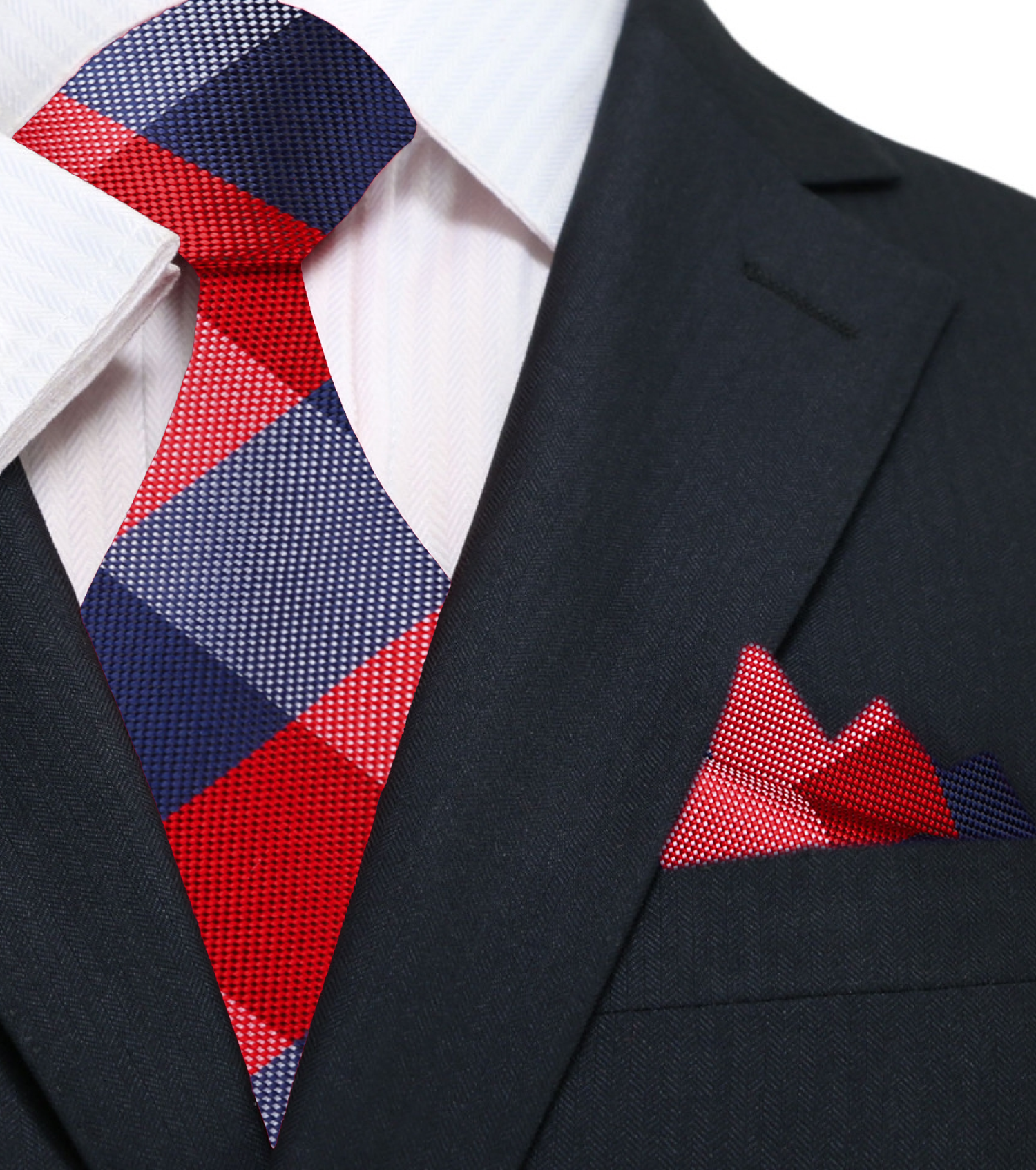 Main: A Red, Blue Plaid Pattern Silk Necktie, Matching Pocket Square