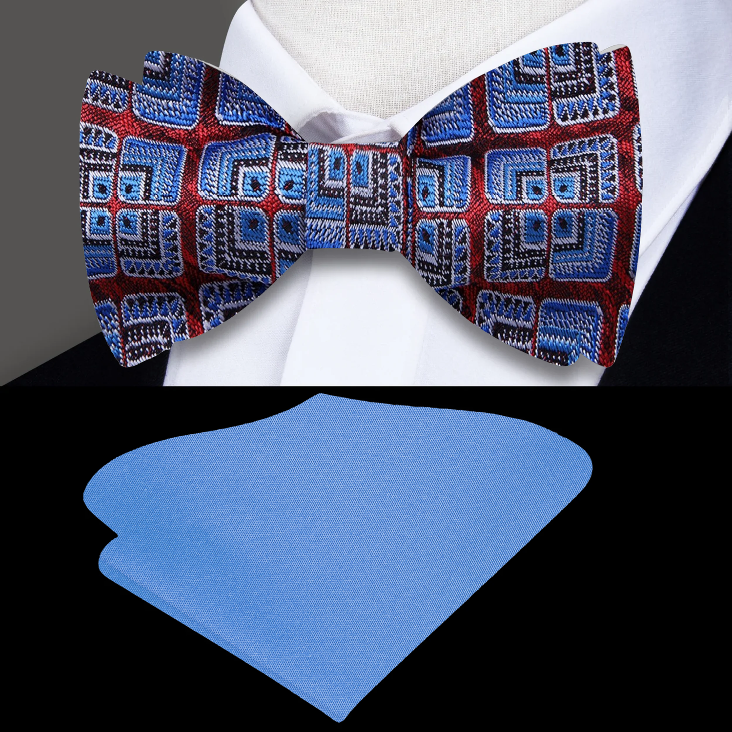 A Red, Blue, Brown Geometric Floral Pattern Silk Self Tie Bow Tie, With Blue Pocket Square
