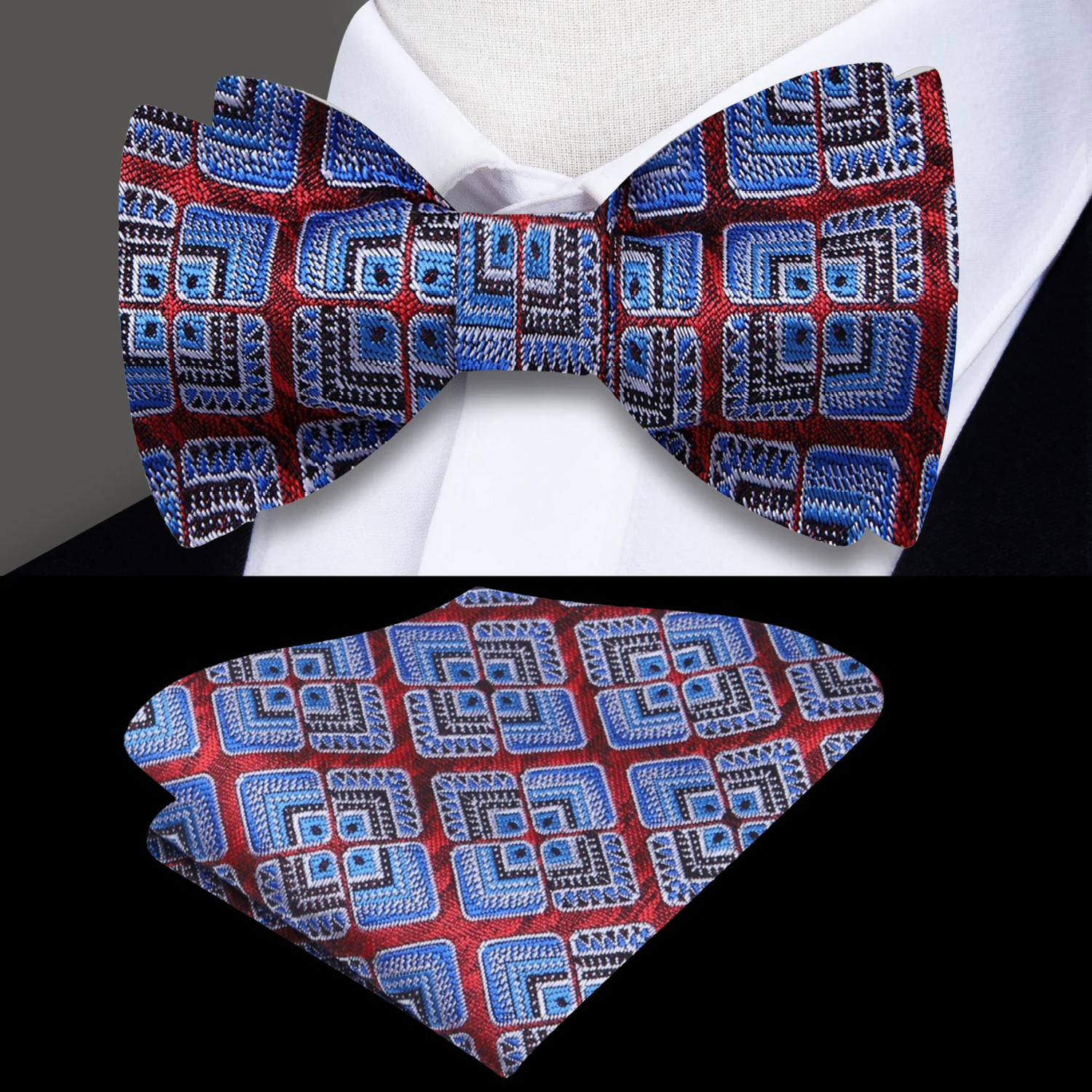 A Red, Blue, Brown Geometric Floral Pattern Silk Self Tie Bow Tie, With Matching Pocket Square