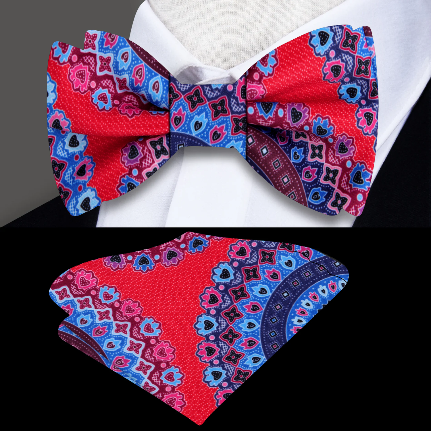 A Red, Blue, Purple, Pink Color Abstract Pattern Silk Bow Tie, Pocket Square