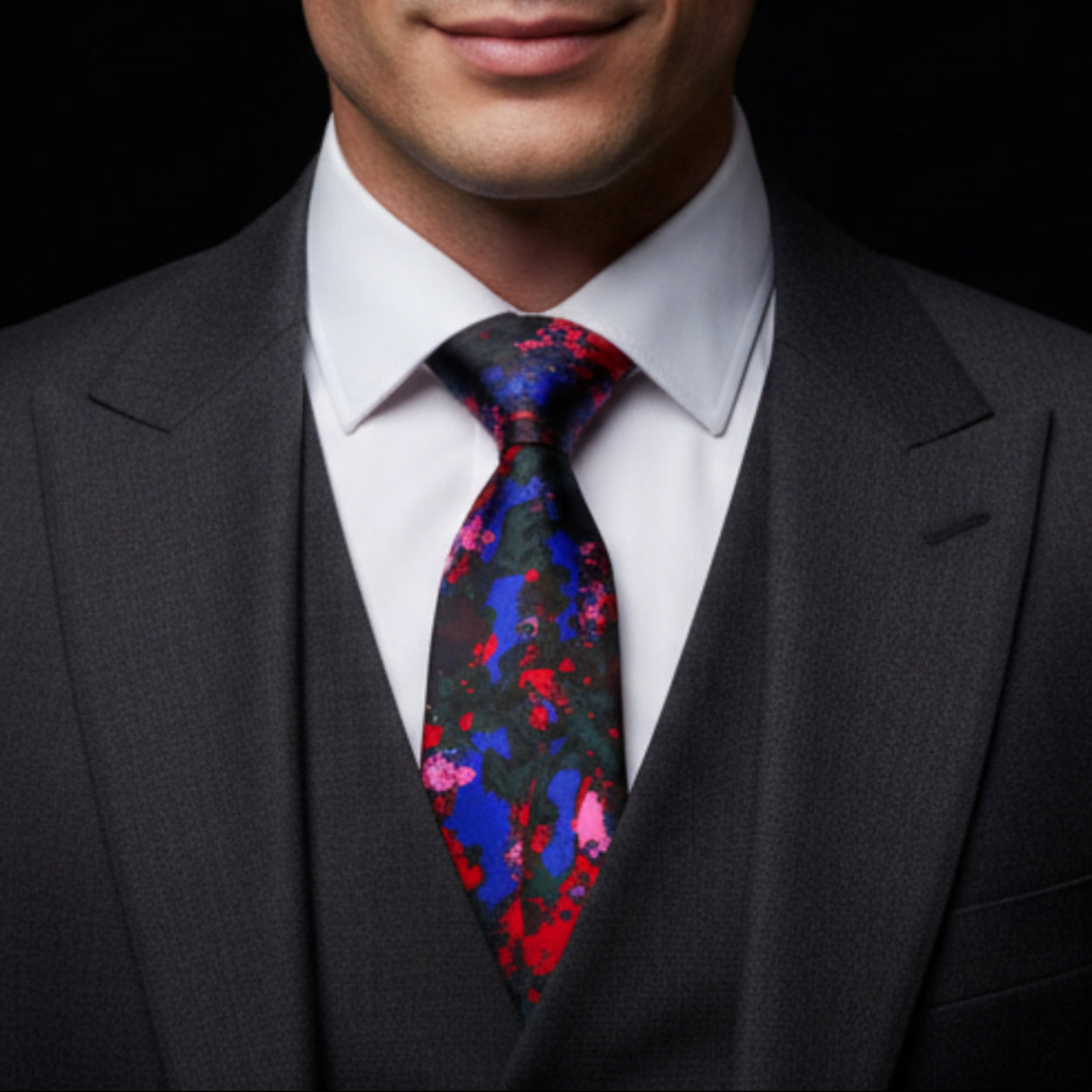 Man wearing a dark gray suit with a colorful tie against a black background