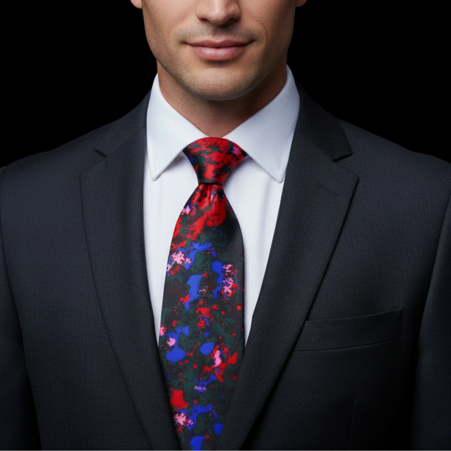 A man wearing a dark suit jacket, white dress shirt, and a patterned necktie with red, blue, and pink abstract floral motifs on a black background.