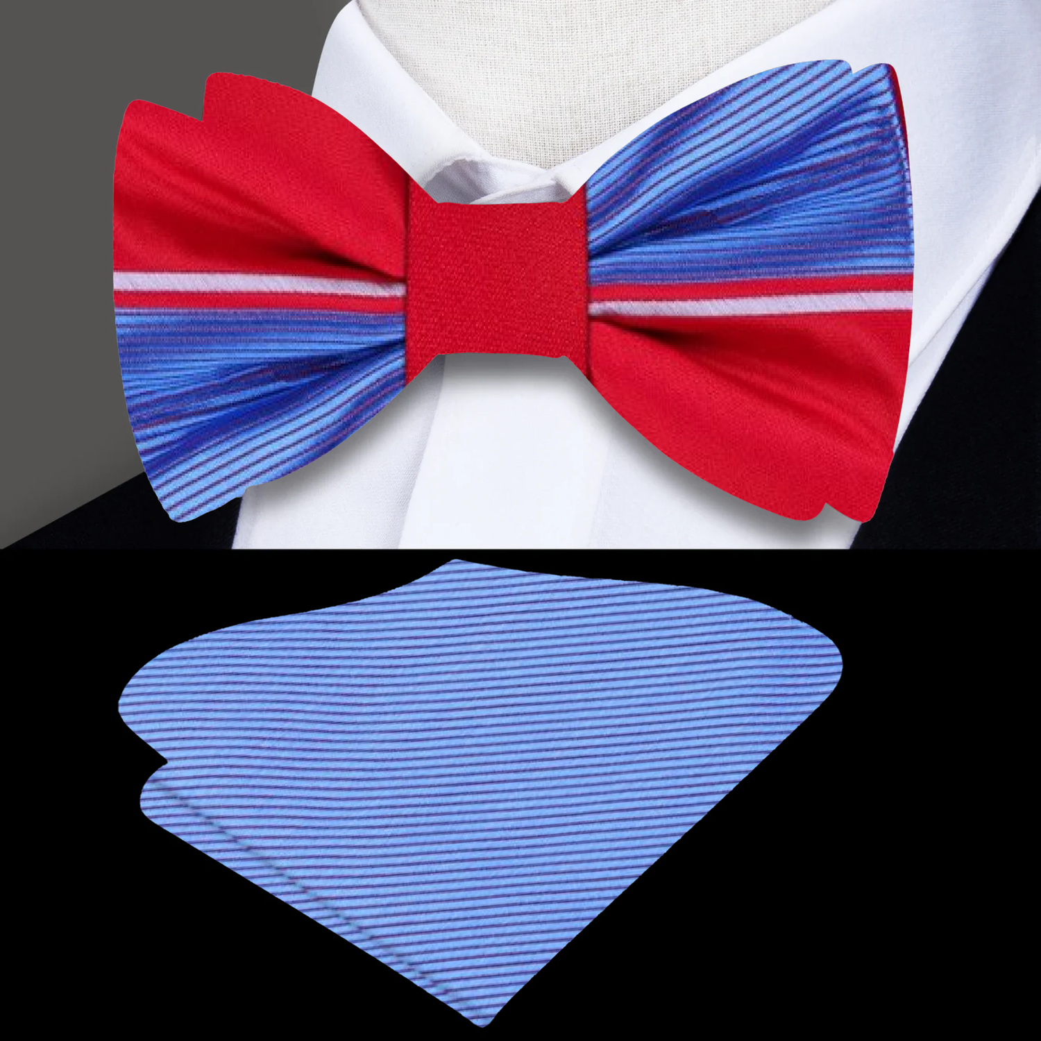 Light Blue, Red Lined Bow Tie and Pocket Square||Red, Blue