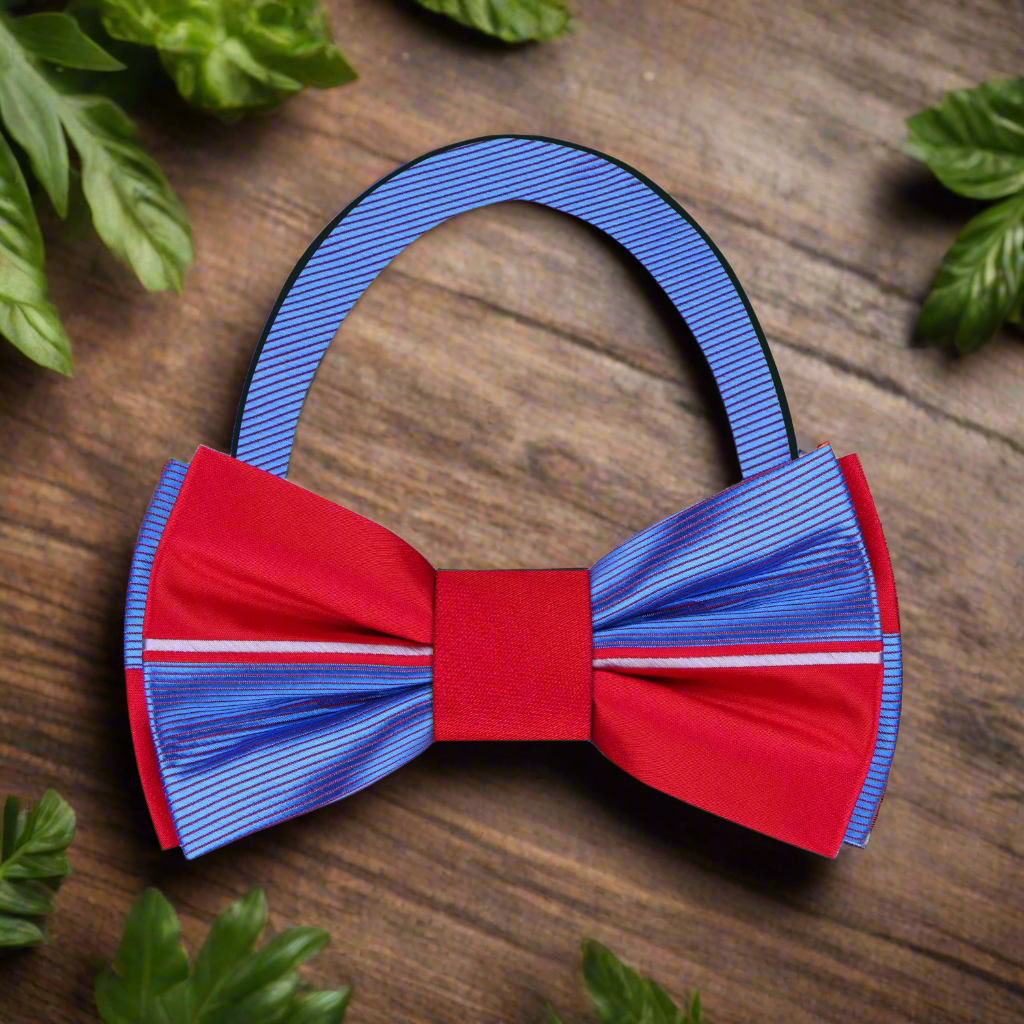 Light Blue, Red Lined Bow Tie Pre Tied