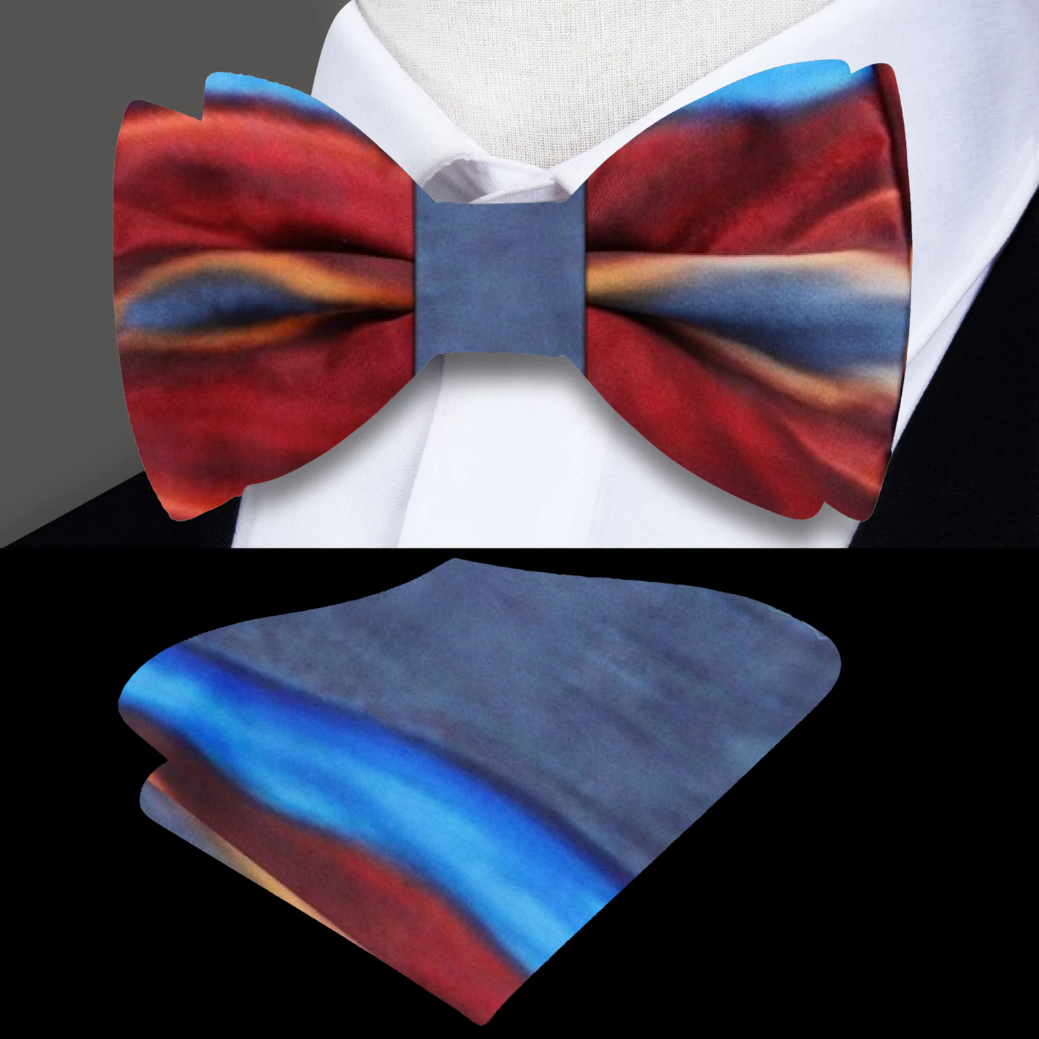 view 1 red blue abstract bow tie and pocket square