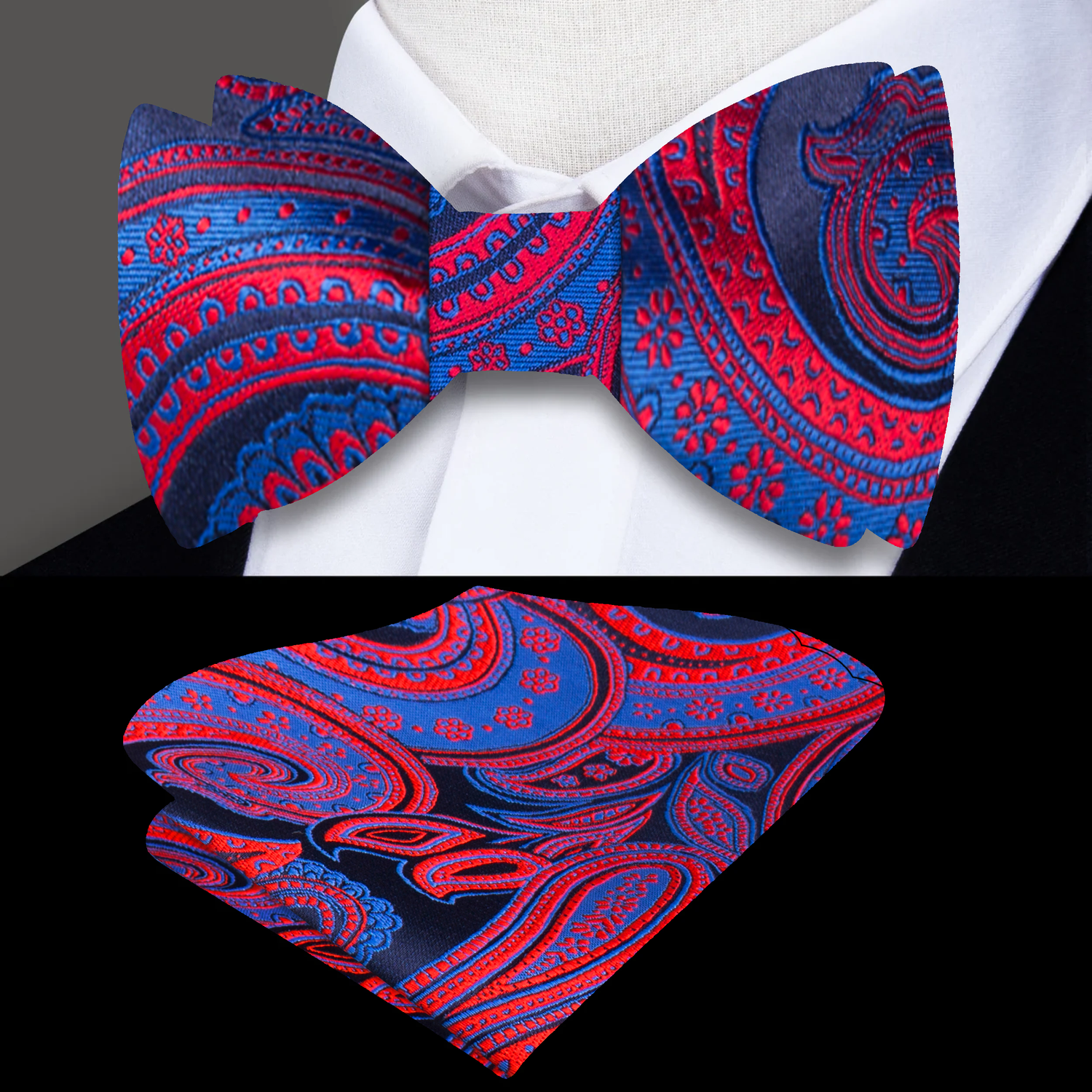 Main View: Blue, Red Paisley Bow Tie and Square