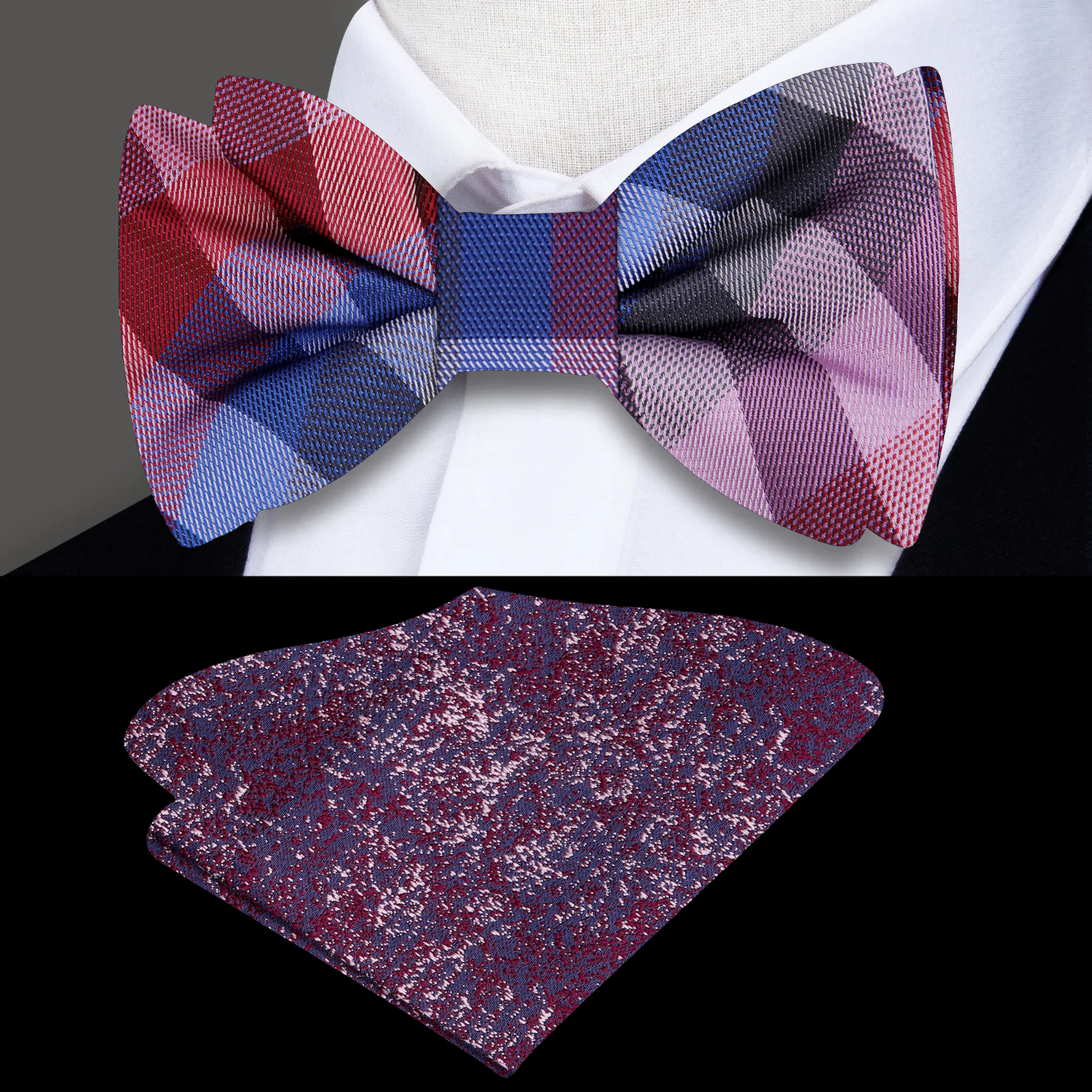 Red Blue Pink Plaid Bow Tie and Accenting Square