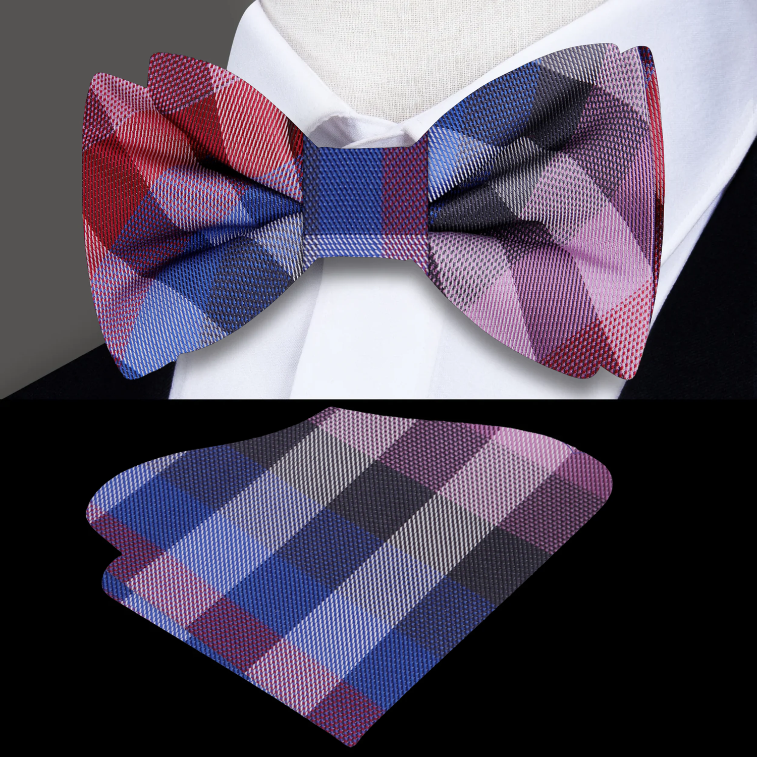 Red Blue Pink Plaid Bow Tie and Square