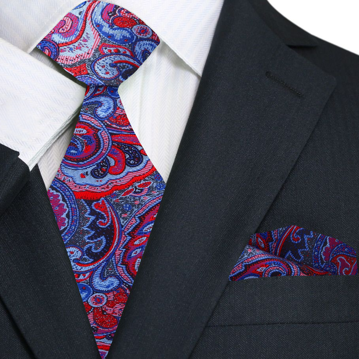 Premium Shades of Red and Blue Intricate Paisley Tie and Pocket Square