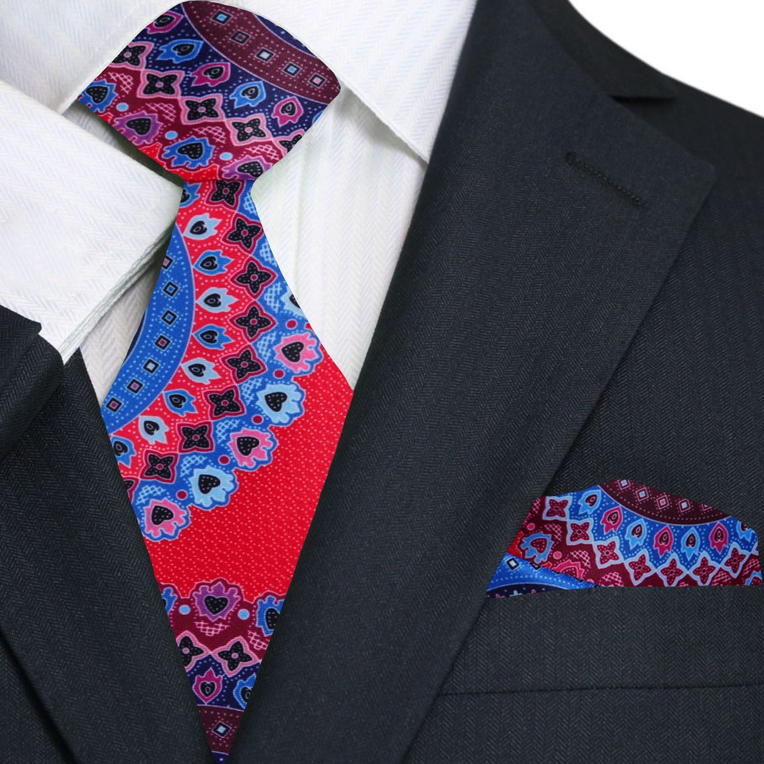 Premium A Red, Blue, Purple, Pink Color Abstract Pattern Silk Tie, Pocket Square