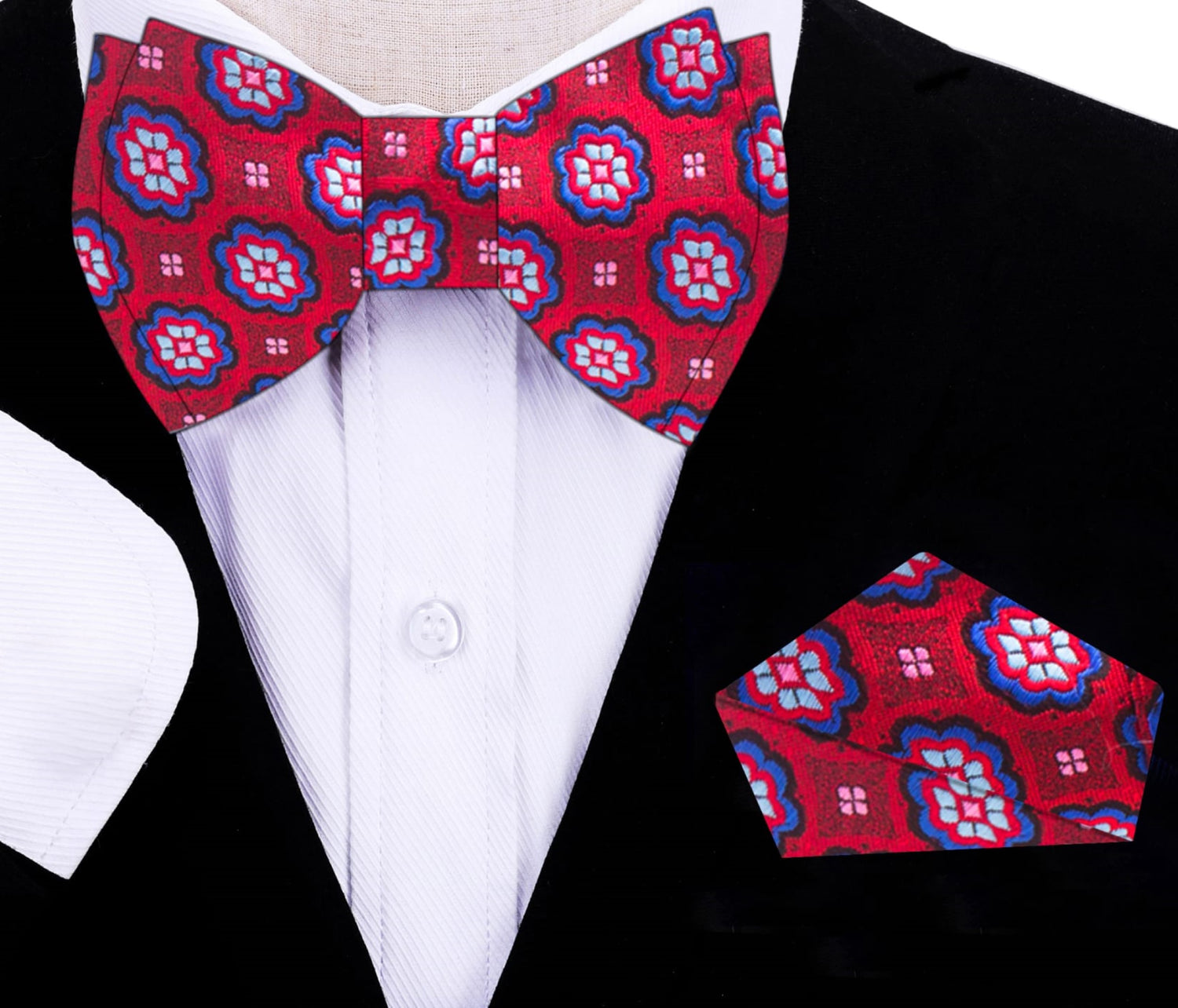 Red Blue Raspberry Floral Bow Tie and Pocket Square on Suit