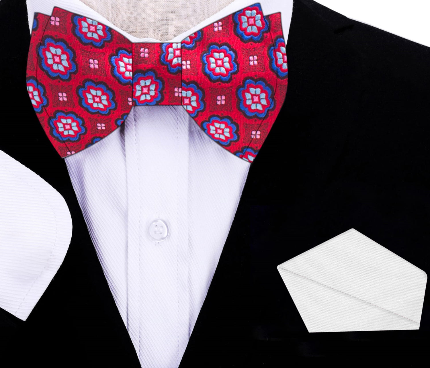 Red Blue Raspberry Floral Bow Tie and White Pocket Square On Suit