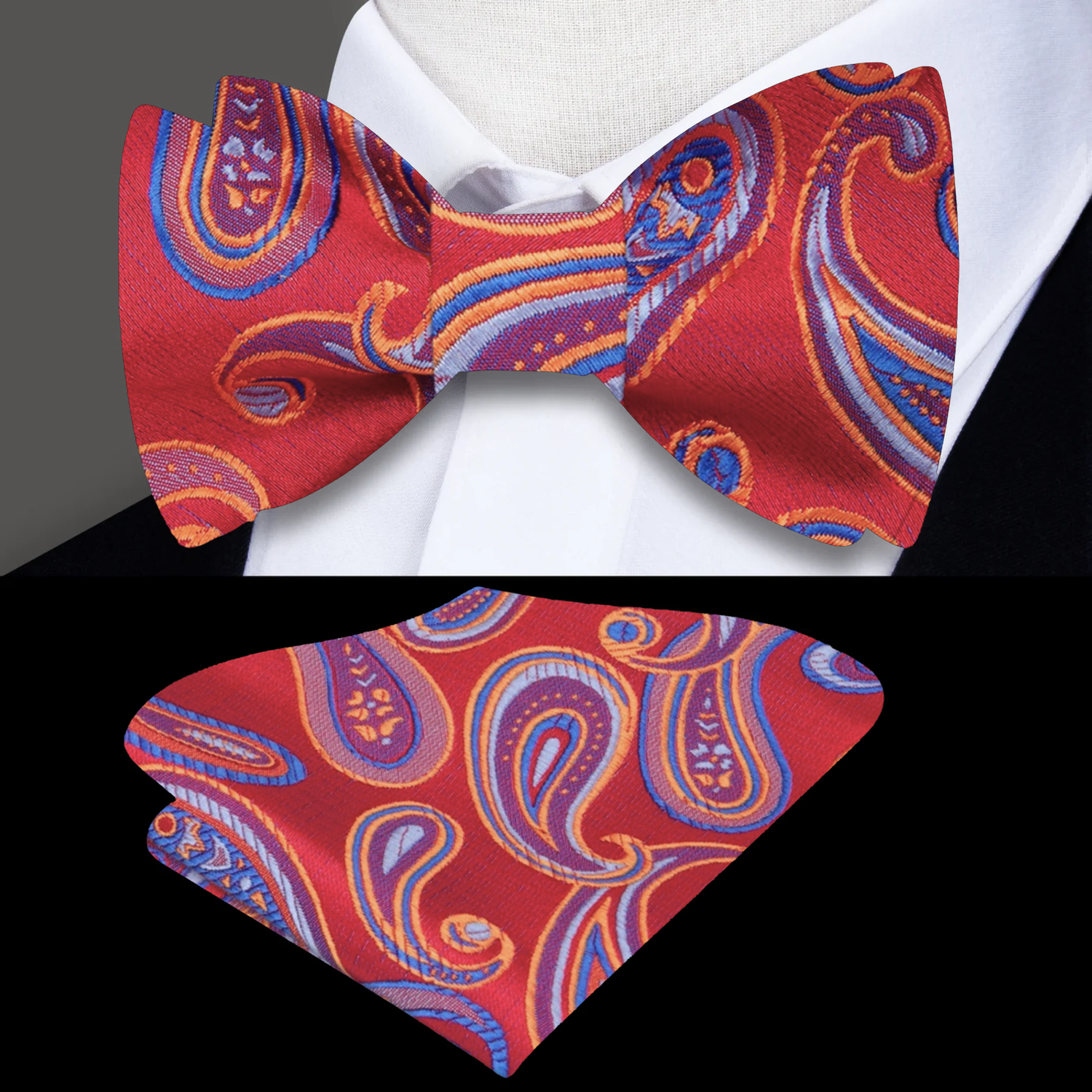 A Red, Blue Paisley Pattern Silk Self Tie Bow Tie, Matching Pocket Square