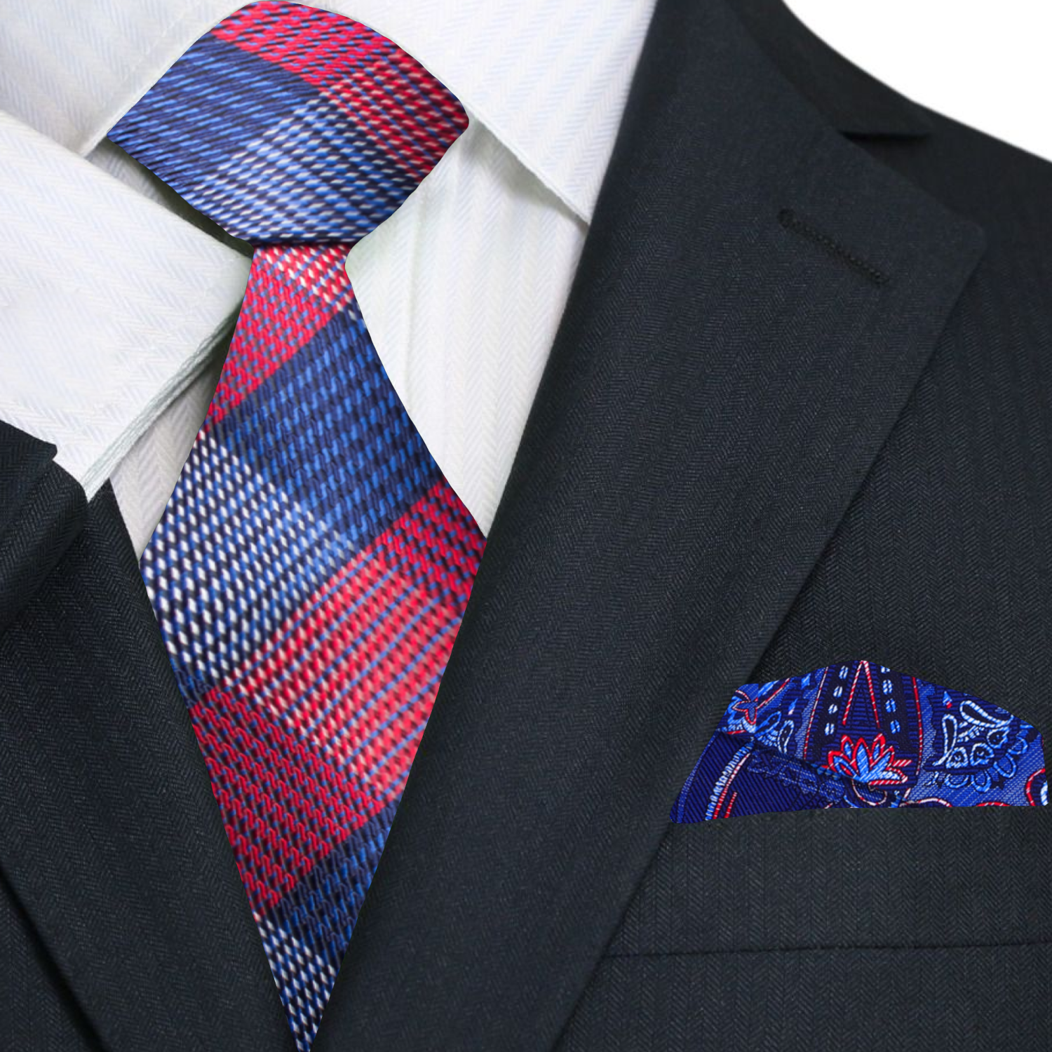 Premium Red and Blue Plaid Tie and Blue and Red Paisley Pocket Square