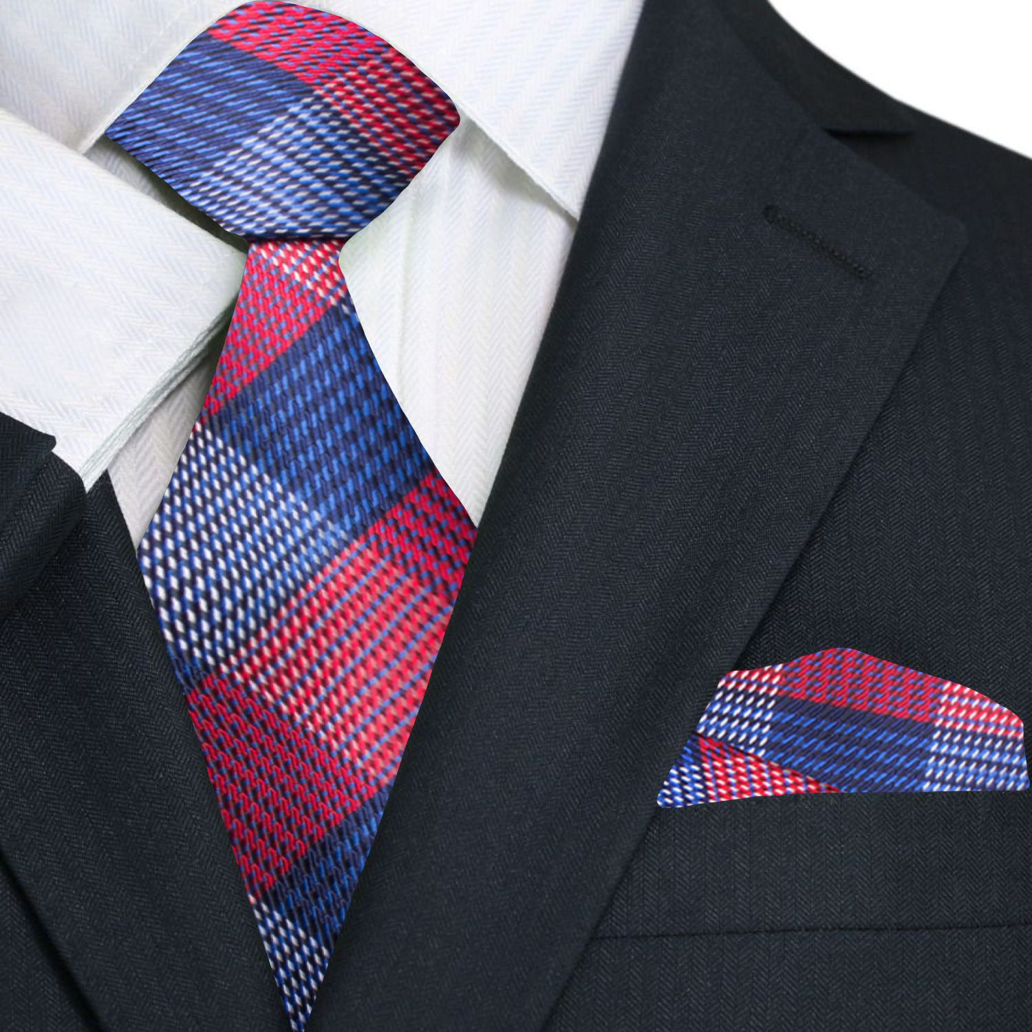 Premium Red and Blue Plaid Tie and Blue and Pocket Square