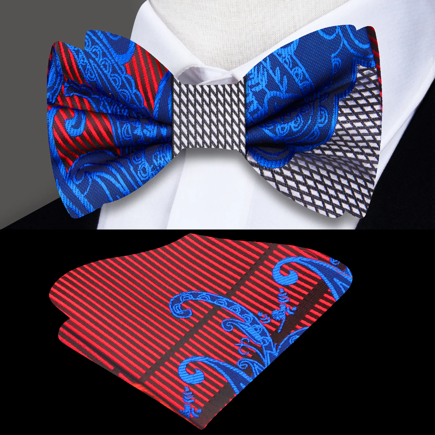 Main View: Blue, Grey, Red Paisley Bow Tie and Square