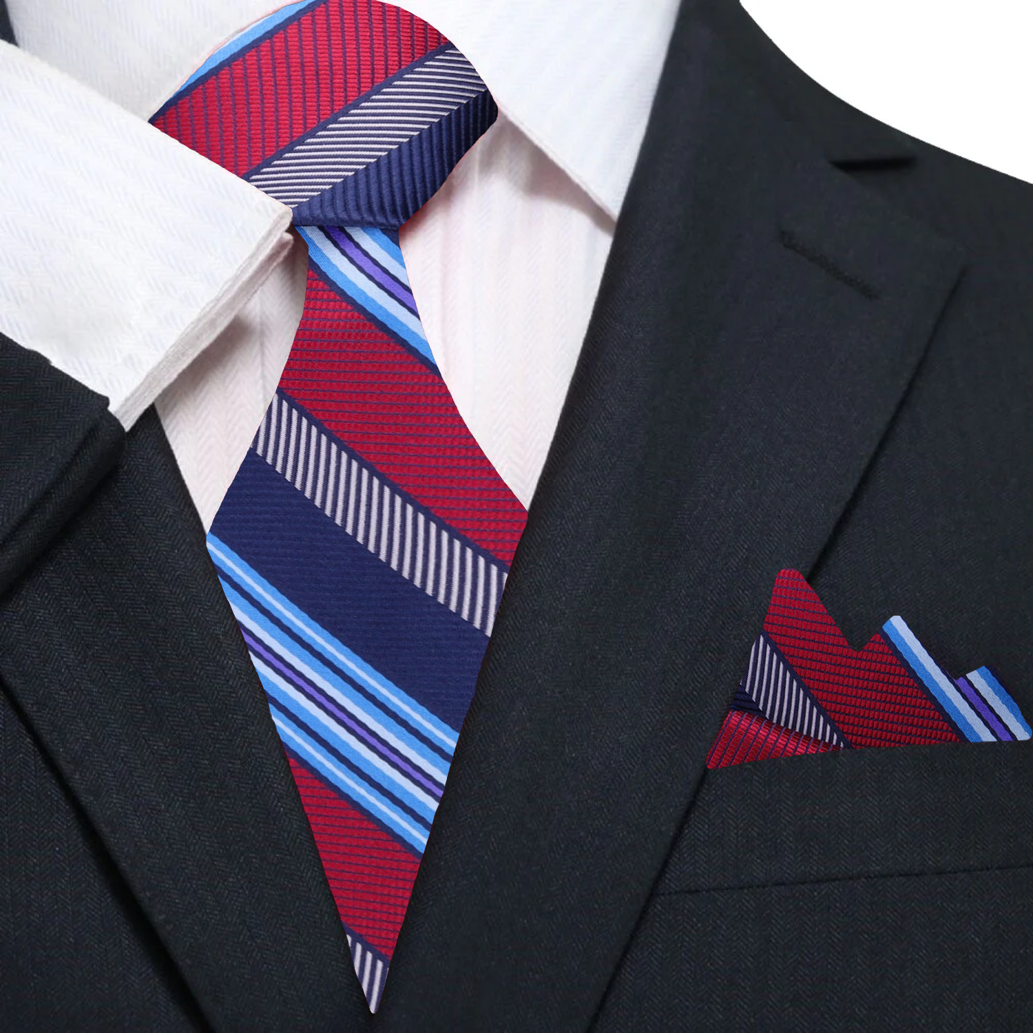 Main Blue, Light Blue, Red Stripe Tie and Pocket Square