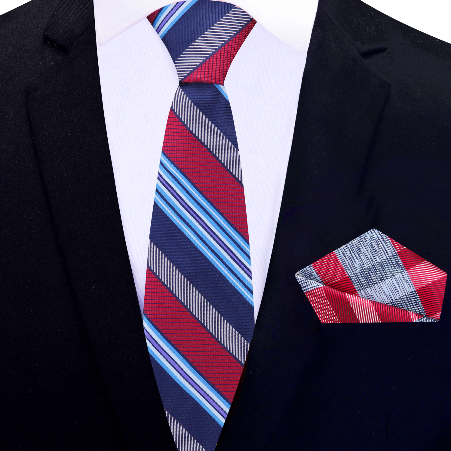 Thin Blue, Light Blue, Red Stripe Tie and Accenting Pocket Square