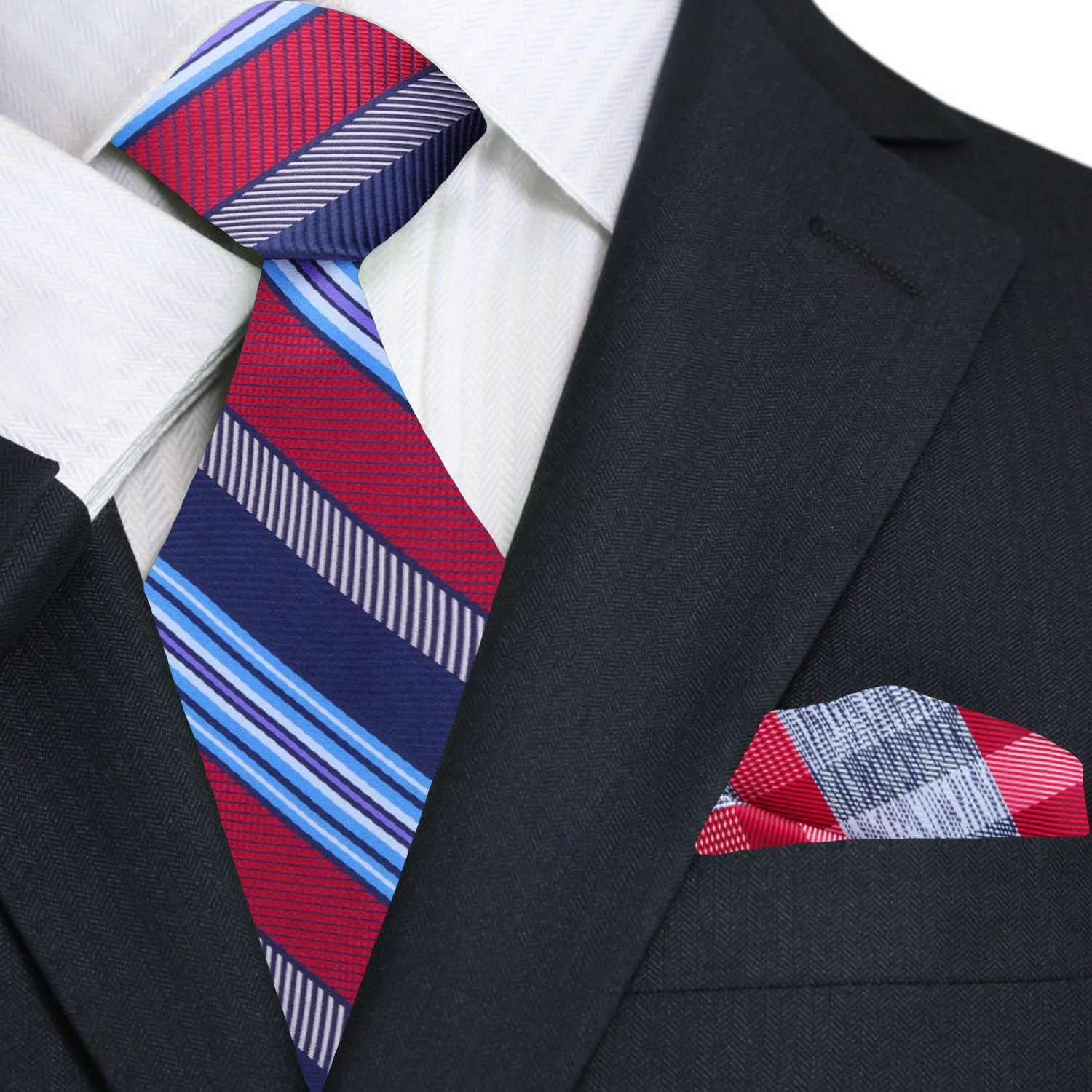 Blue, Light Blue, Red Stripe Tie and Accenting Pocket Square 2