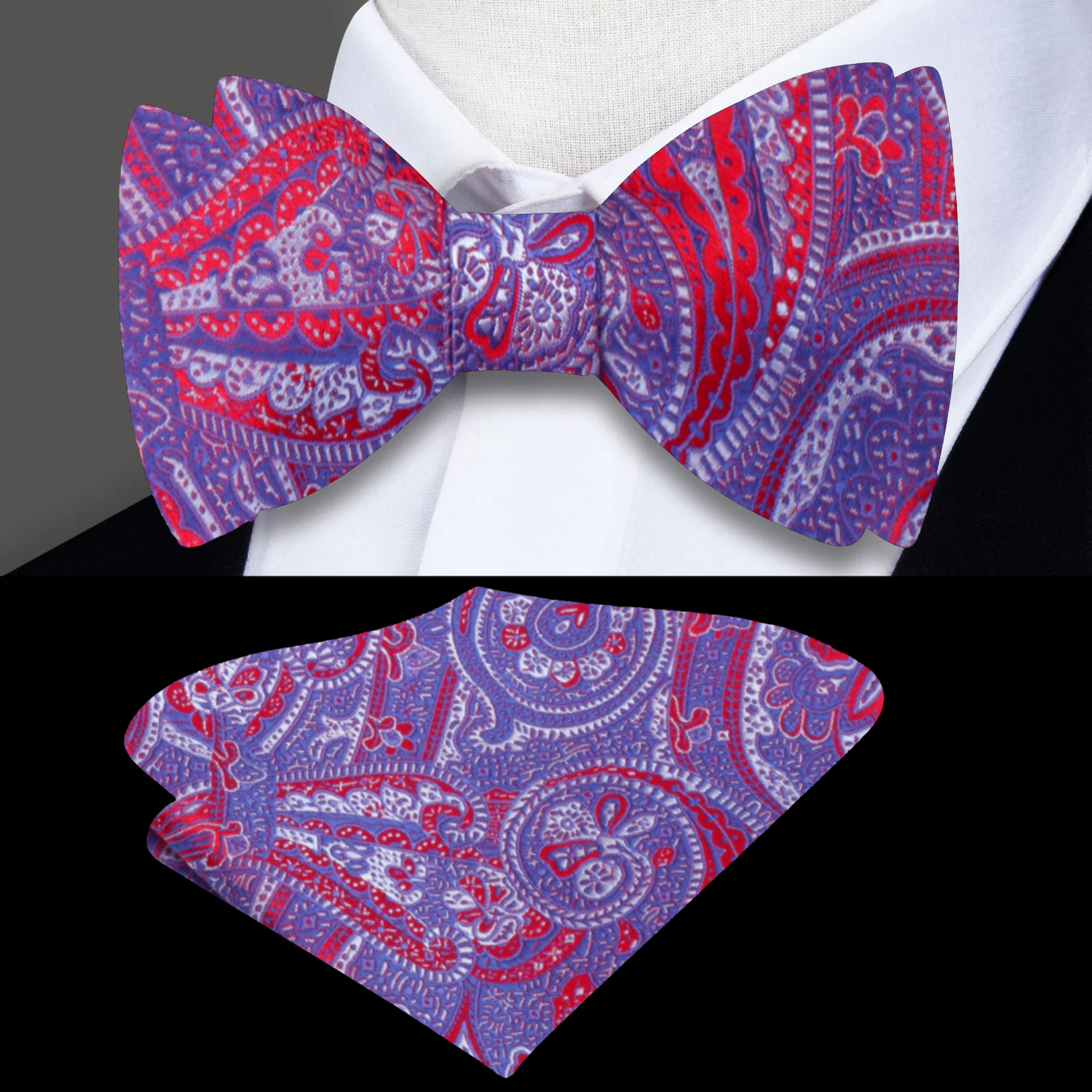 Red, Blue Paisley Bow Tie and Matching Square