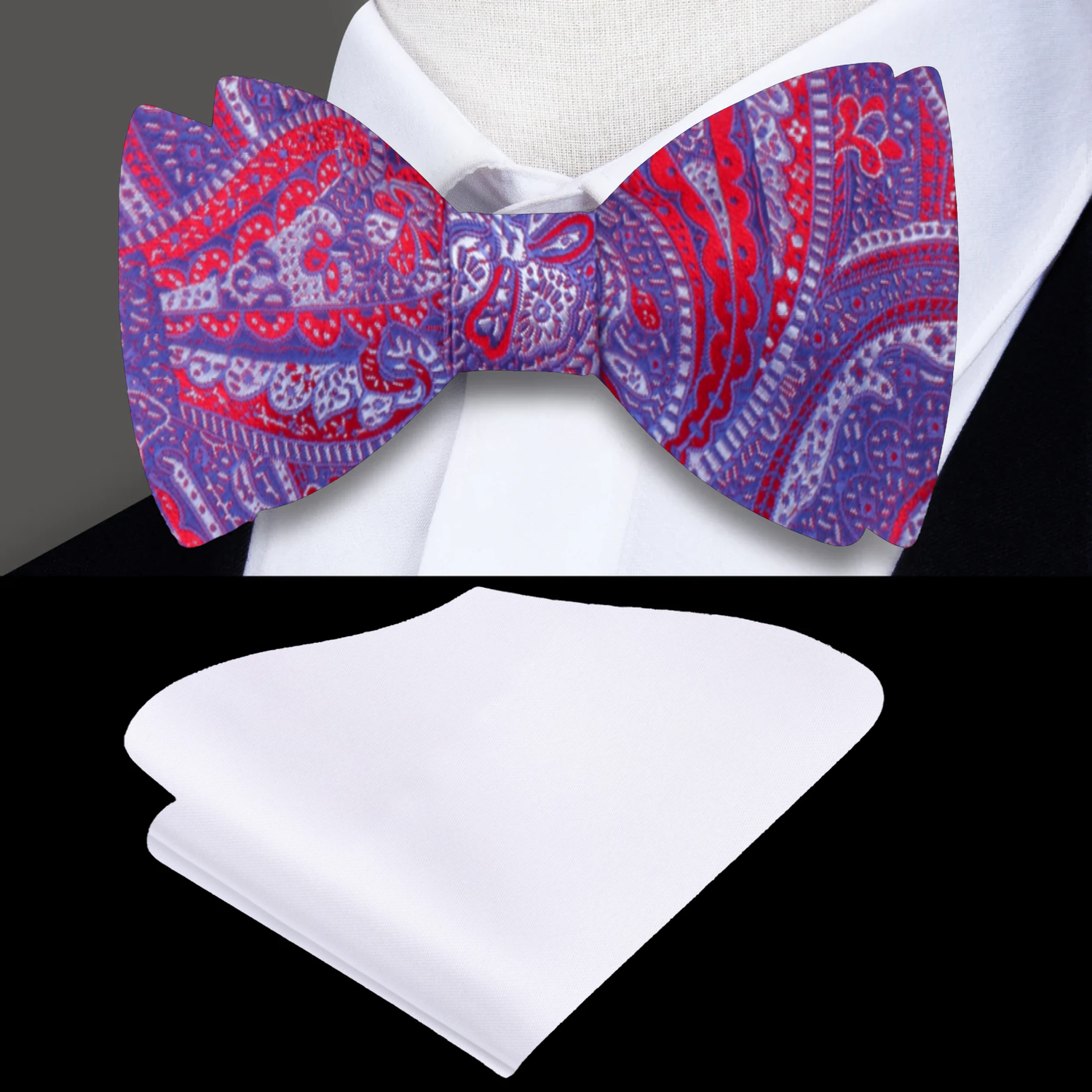Red, Blue Paisley Bow Tie and Light Grey Square