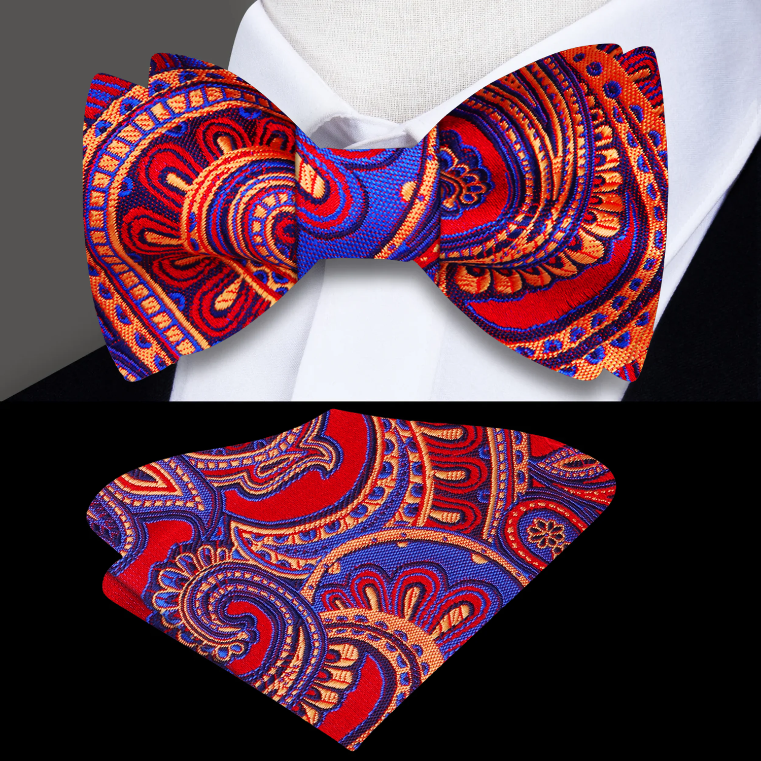 A Red, Blue Paisley Pattern Silk Necktie, Matching Silk Pocket Square