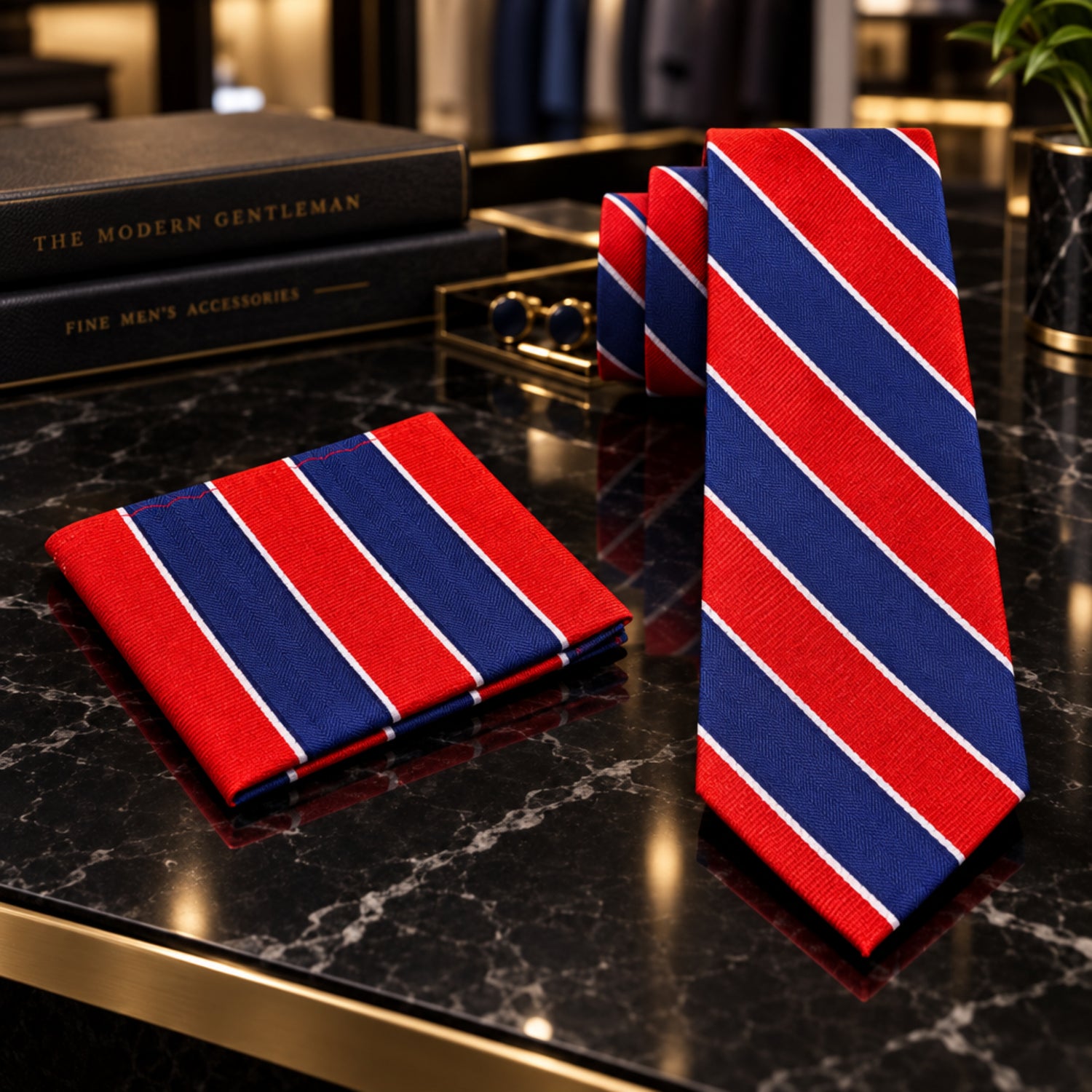 Red Blue White Stripe Tie and square